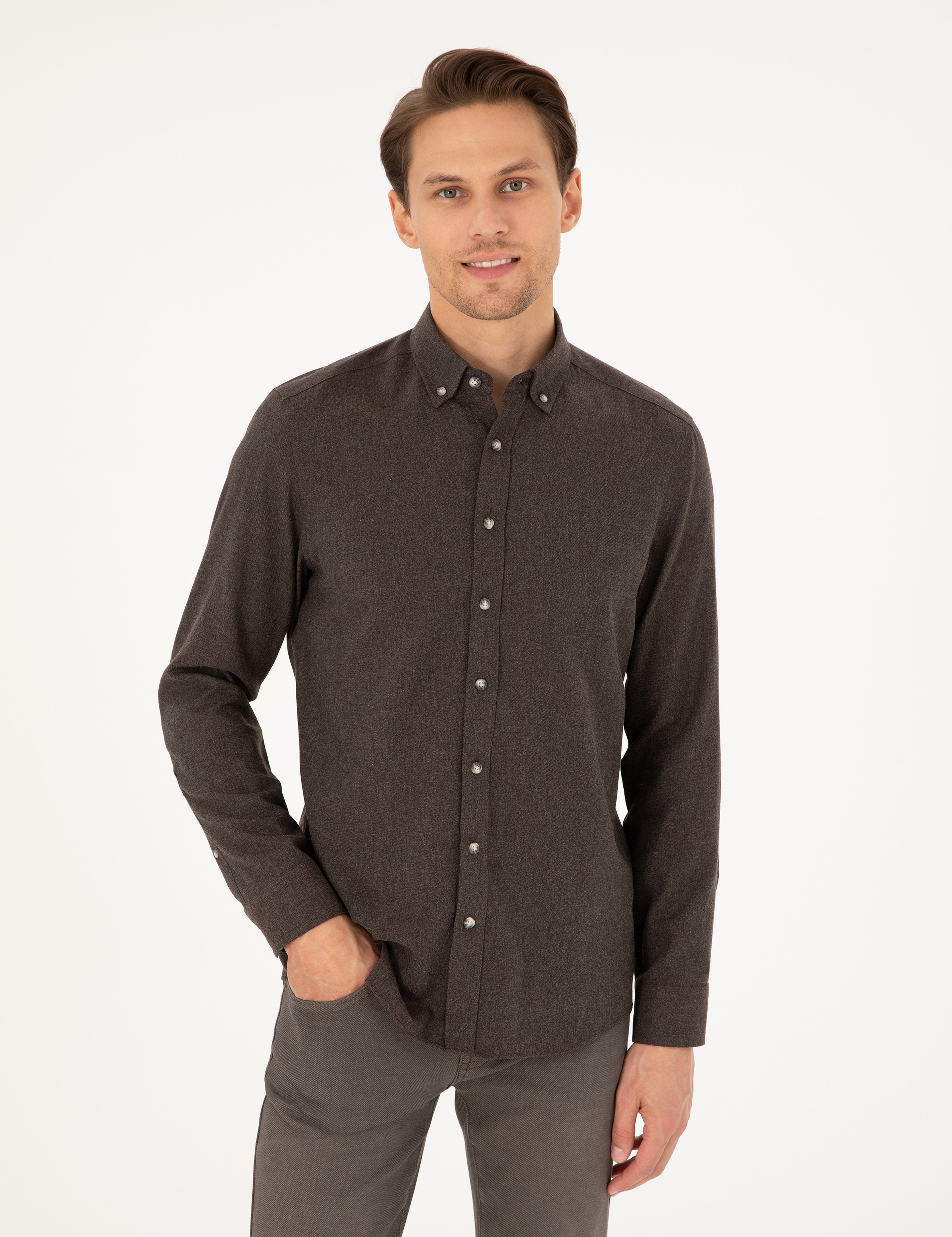 Kahverengi Slim Fit Uzun Kollu Gömlek - Image 3