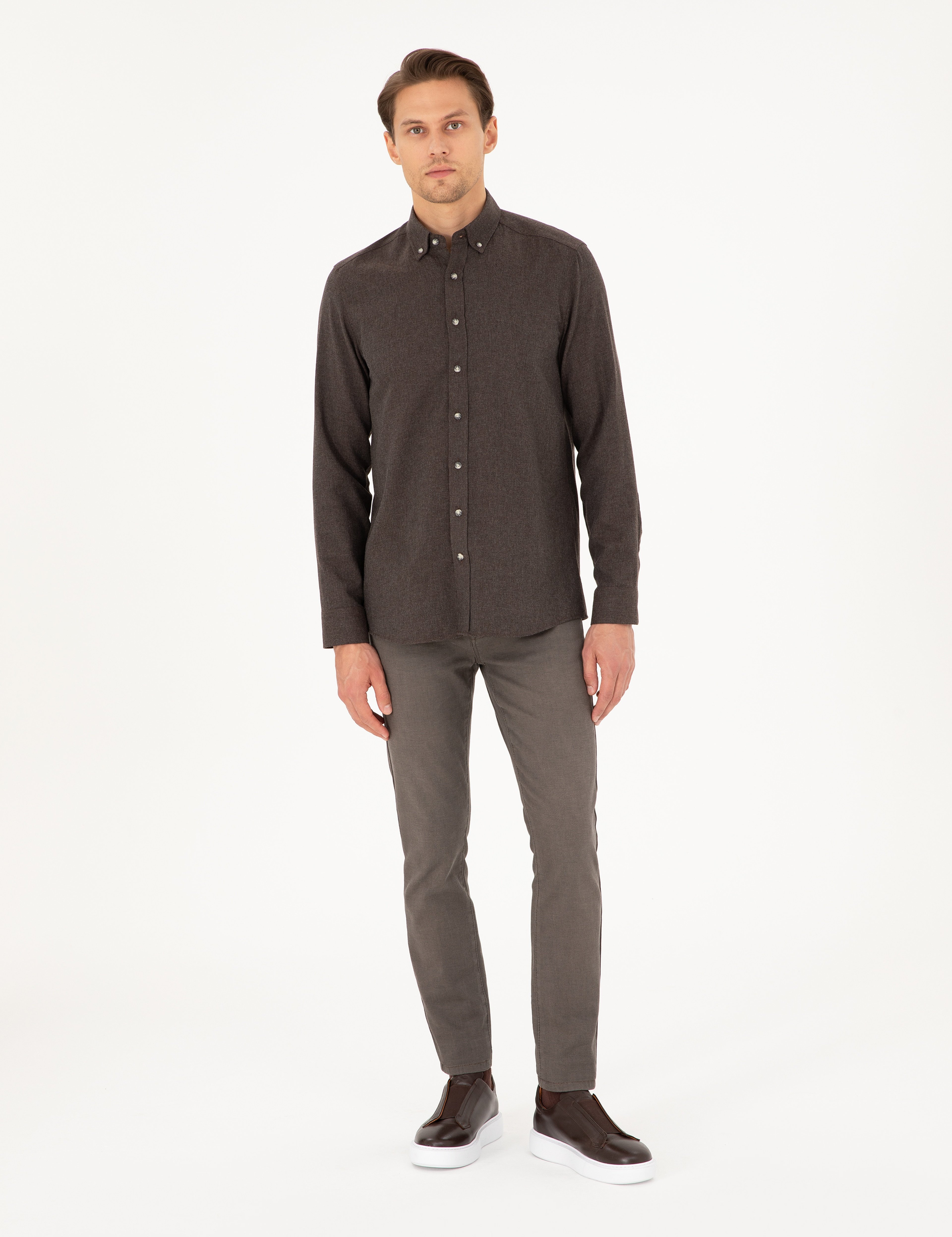 Kahverengi Slim Fit Uzun Kollu Gömlek