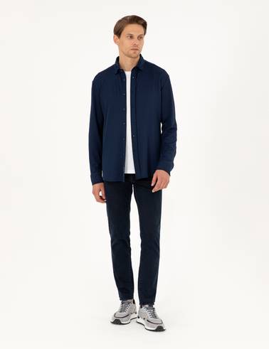 Lacivert Slim Fit Örme Gömlek