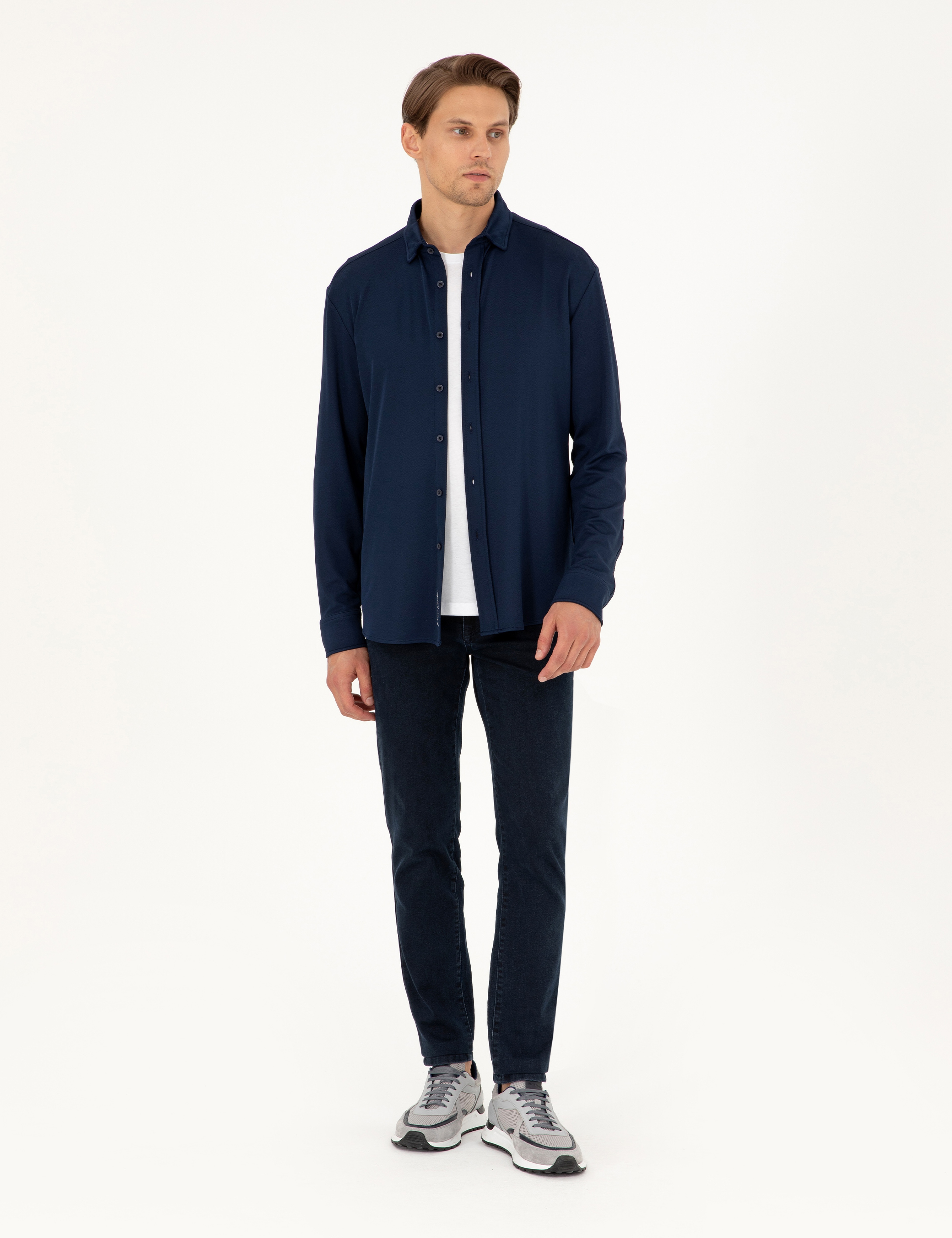 Lacivert Slim Fit Örme Gömlek - Image 4