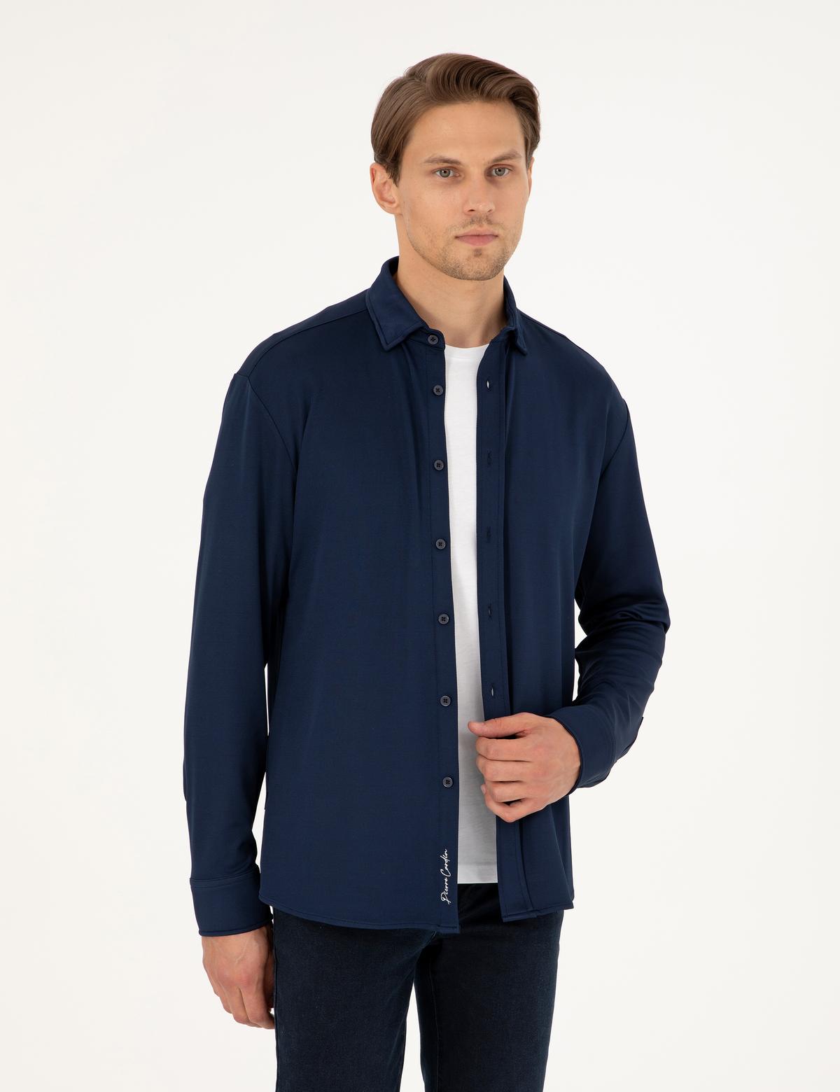 Lacivert Slim Fit Örme Gömlek