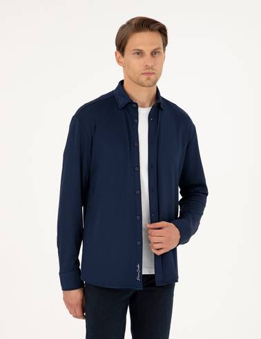Lacivert Slim Fit Örme Gömlek
