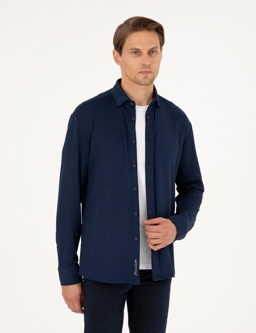 Lacivert Slim Fit Örme Gömlek