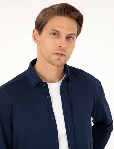 Lacivert Slim Fit Örme Gömlek