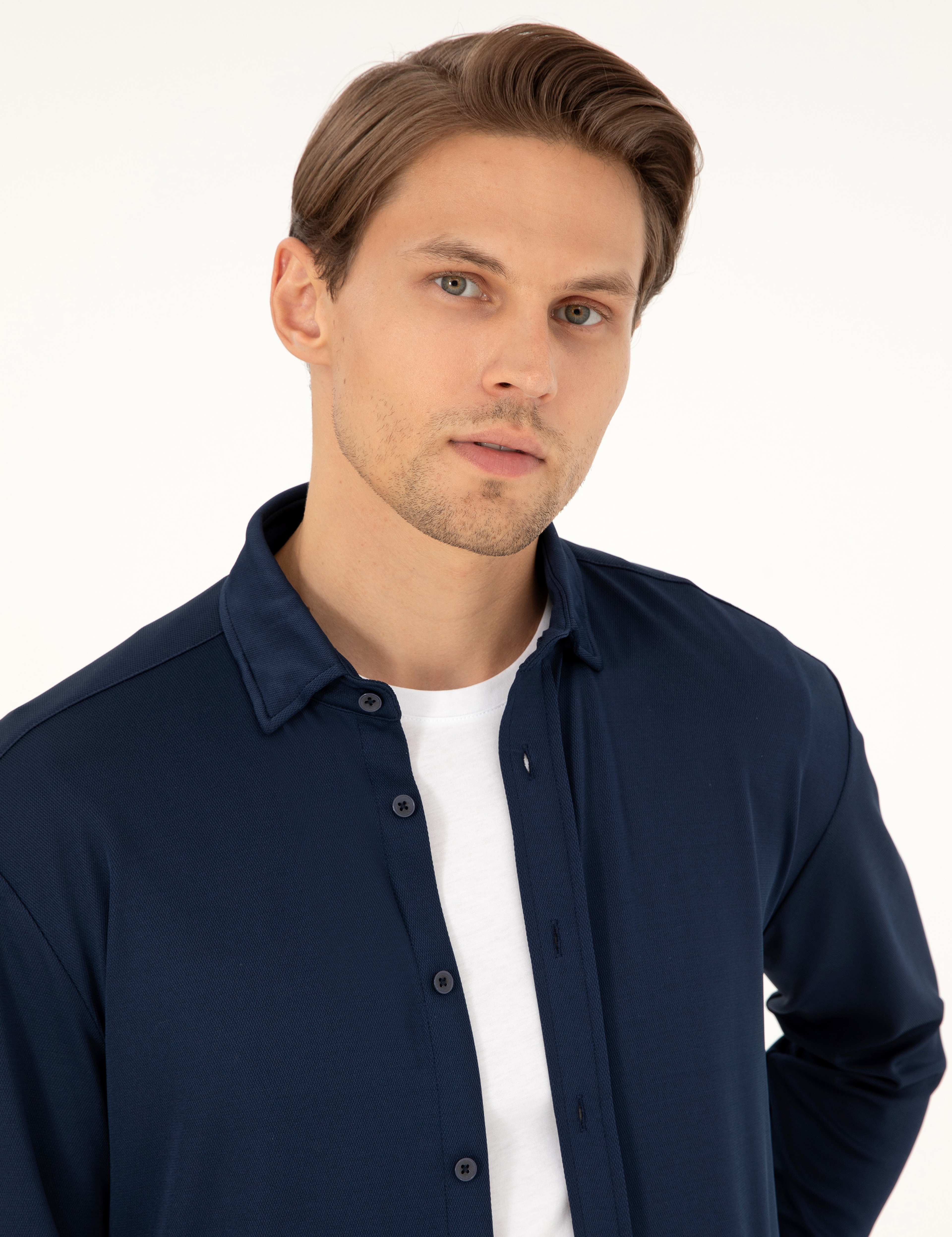 Lacivert Slim Fit Örme Gömlek - Image 2