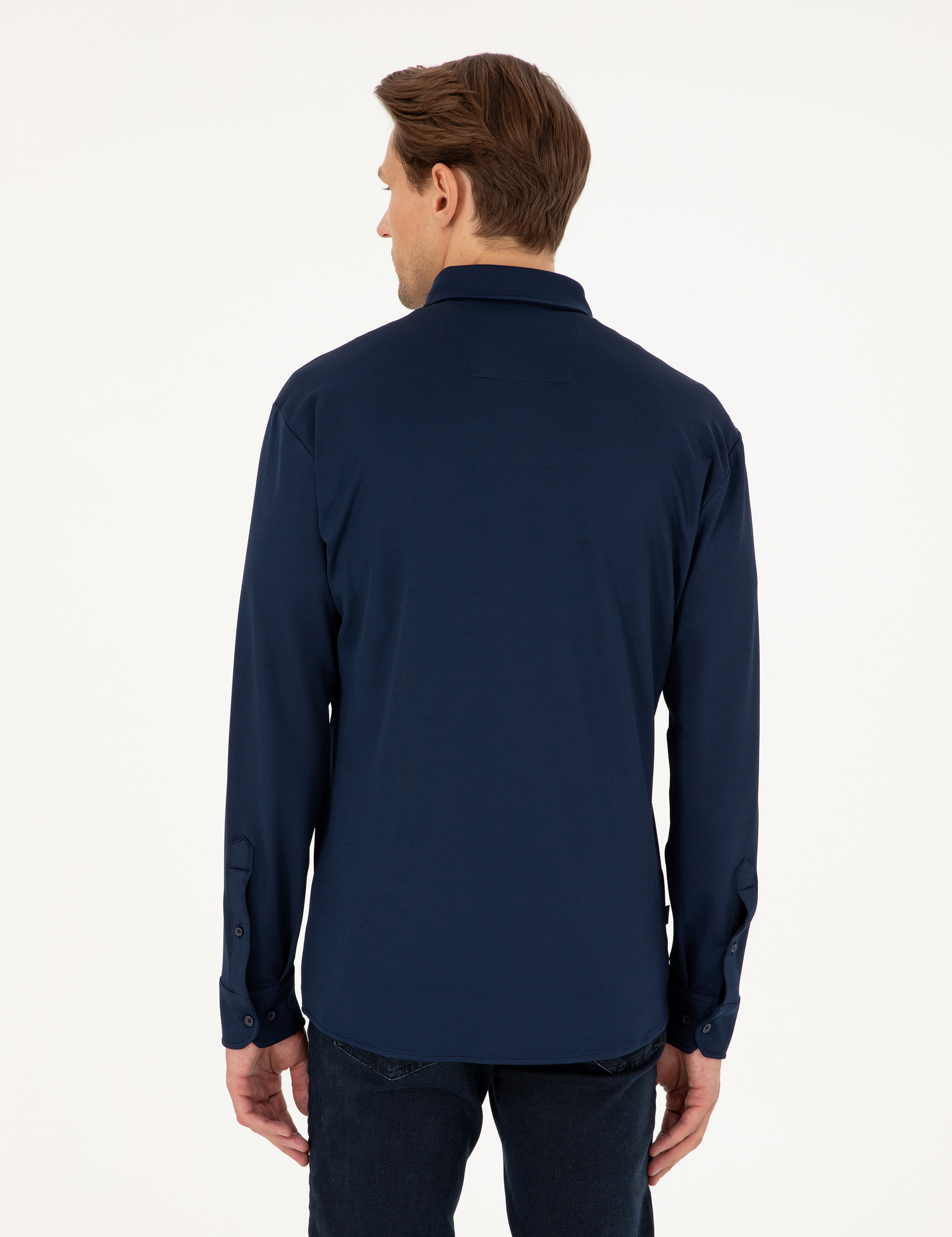 Lacivert Slim Fit Örme Gömlek - Image 5