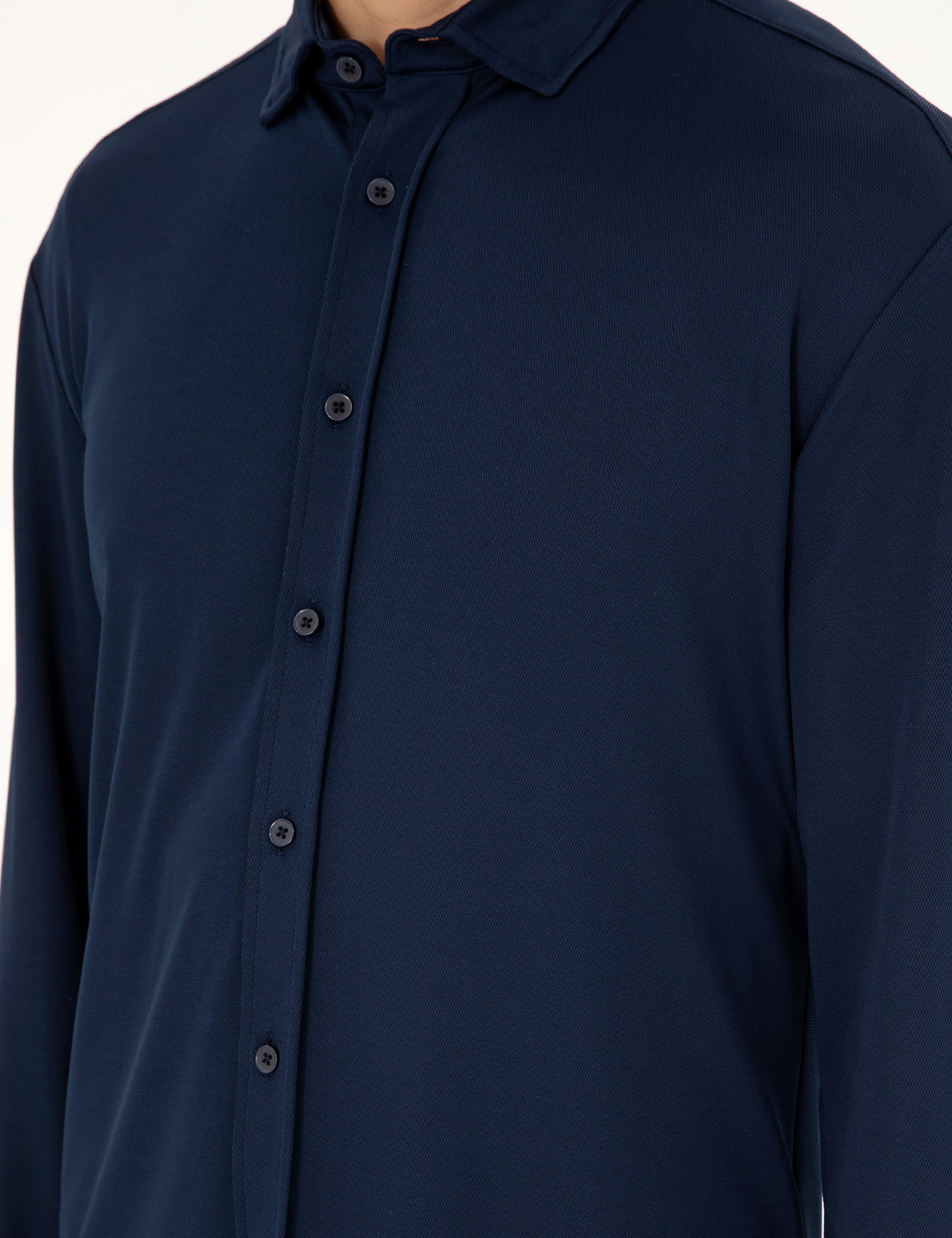 Lacivert Slim Fit Örme Gömlek - Image 7