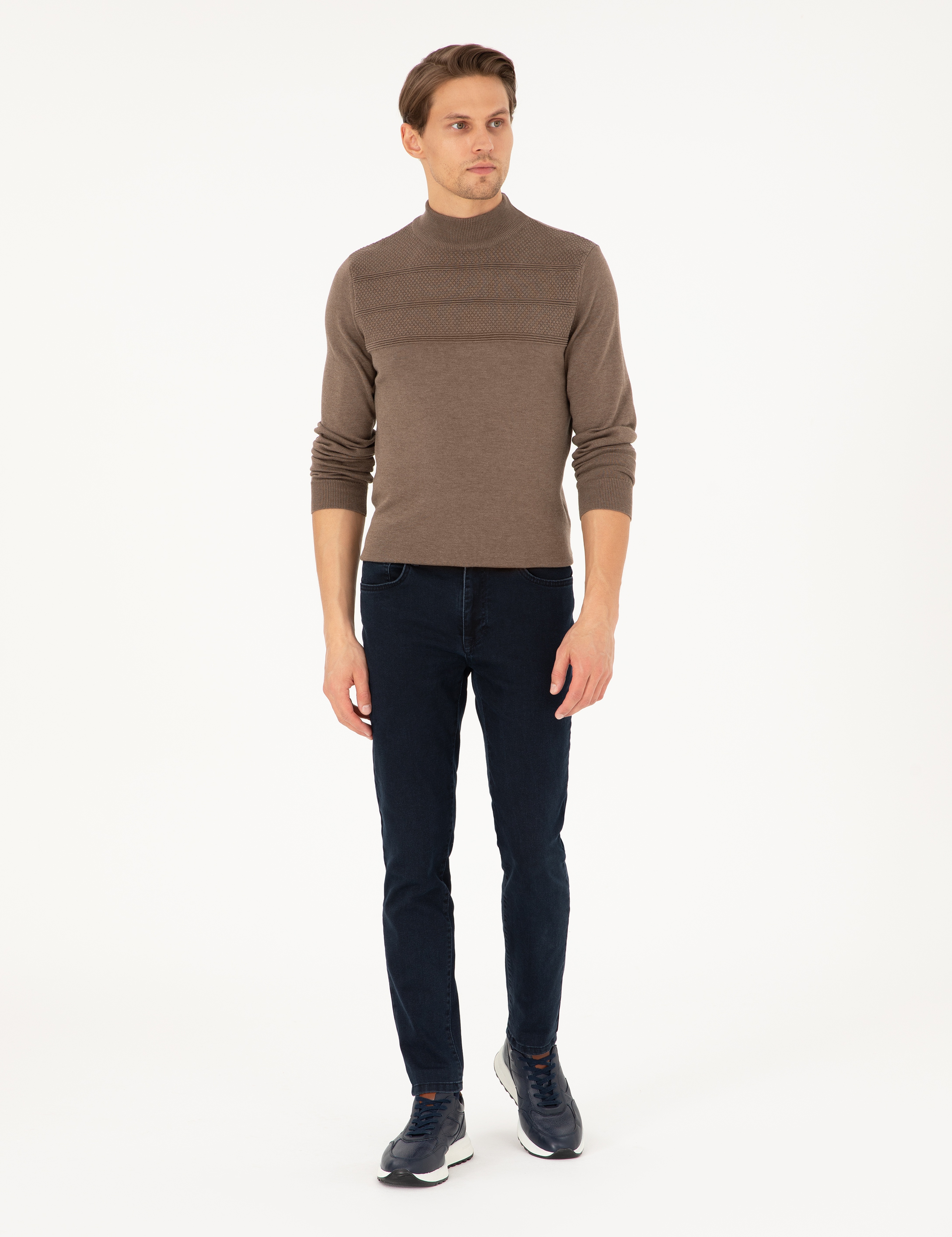 Vizon Melanj Slim Fit Yarım Balıkçı Yaka Triko Kazak