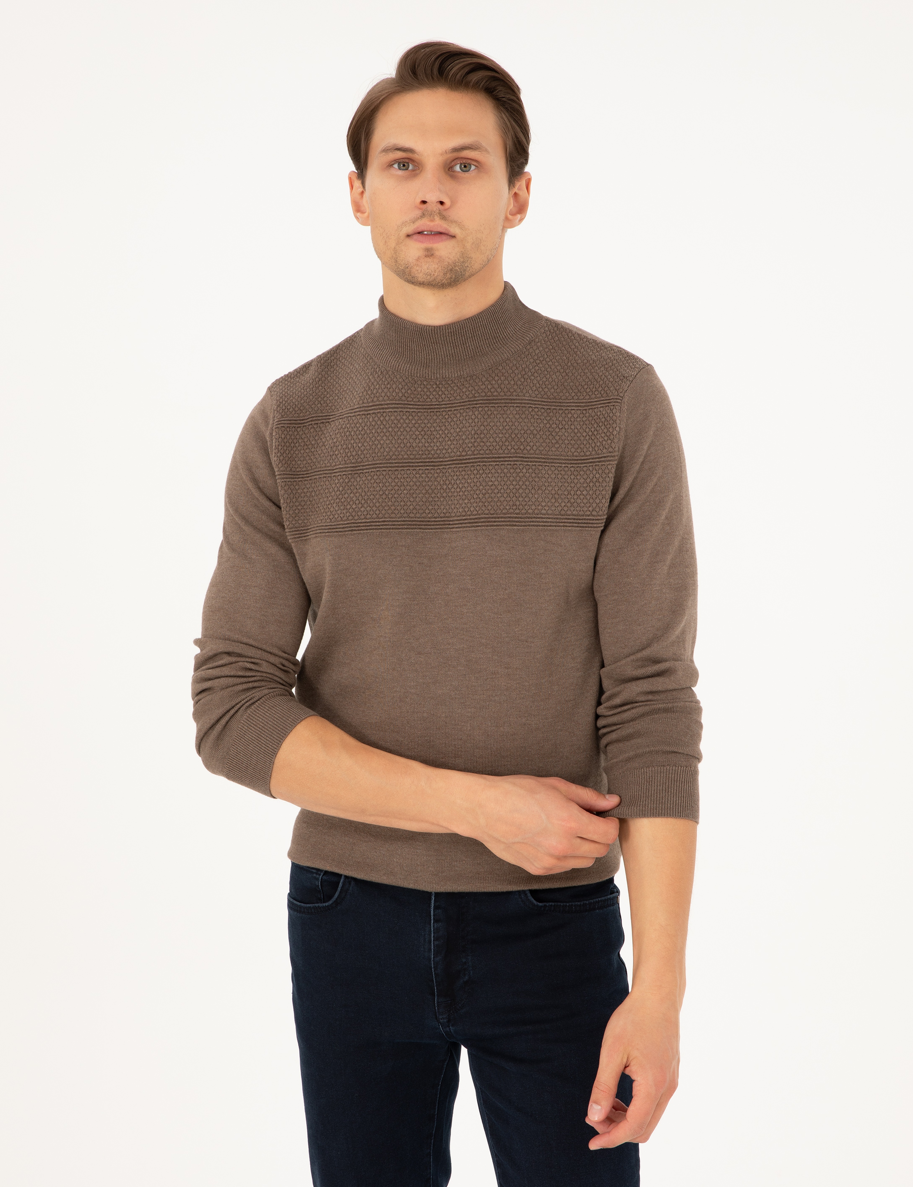 Vizon Melanj Slim Fit Yarım Balıkçı Yaka Triko Kazak