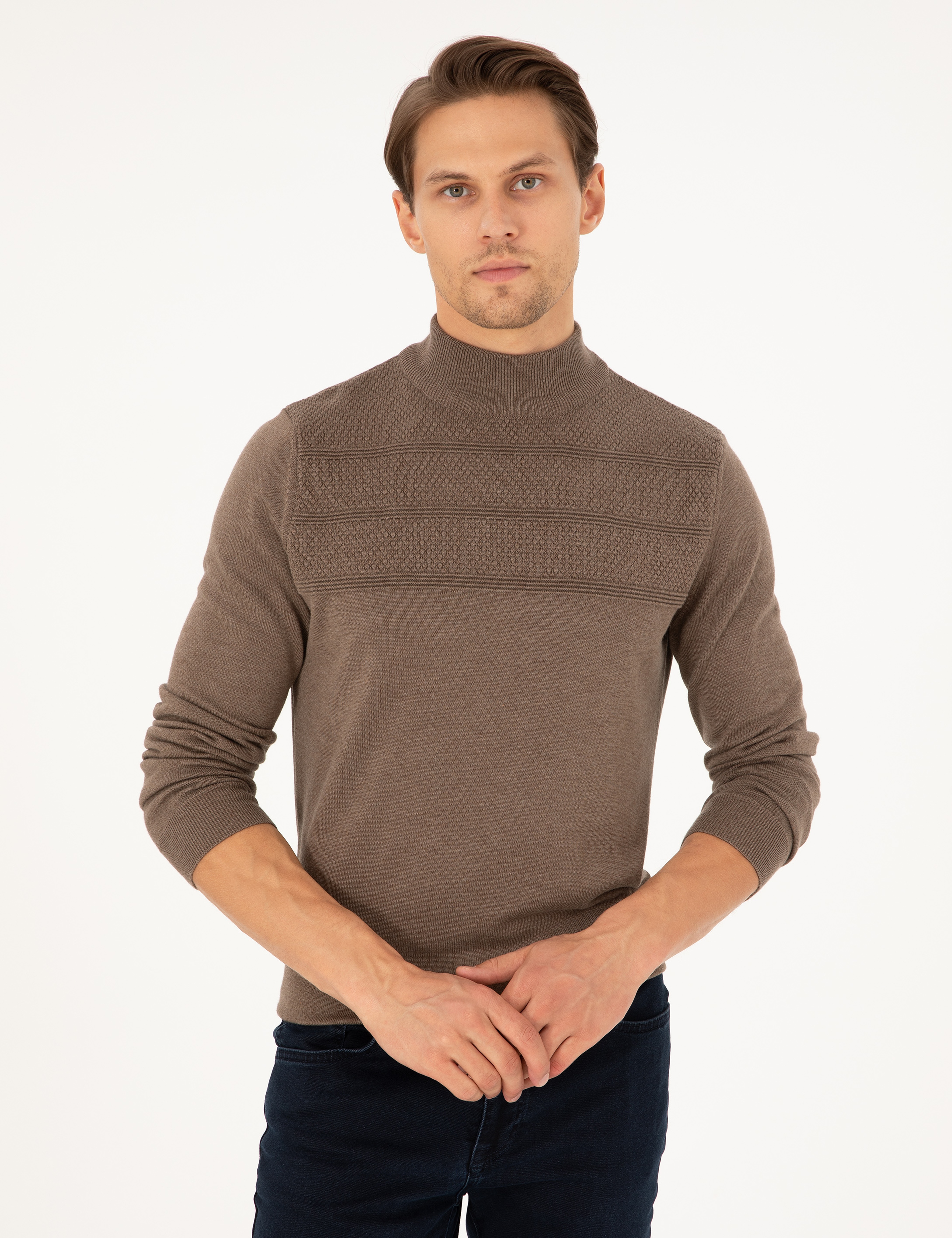 Vizon Melanj Slim Fit Yarım Balıkçı Yaka Triko Kazak - Image 3