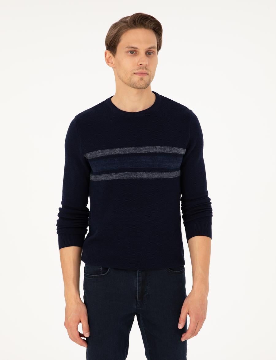 Lacivert Slim Fit Bisiklet Yaka Triko Kazak