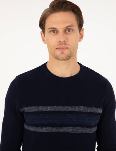 Lacivert Slim Fit Bisiklet Yaka Triko Kazak