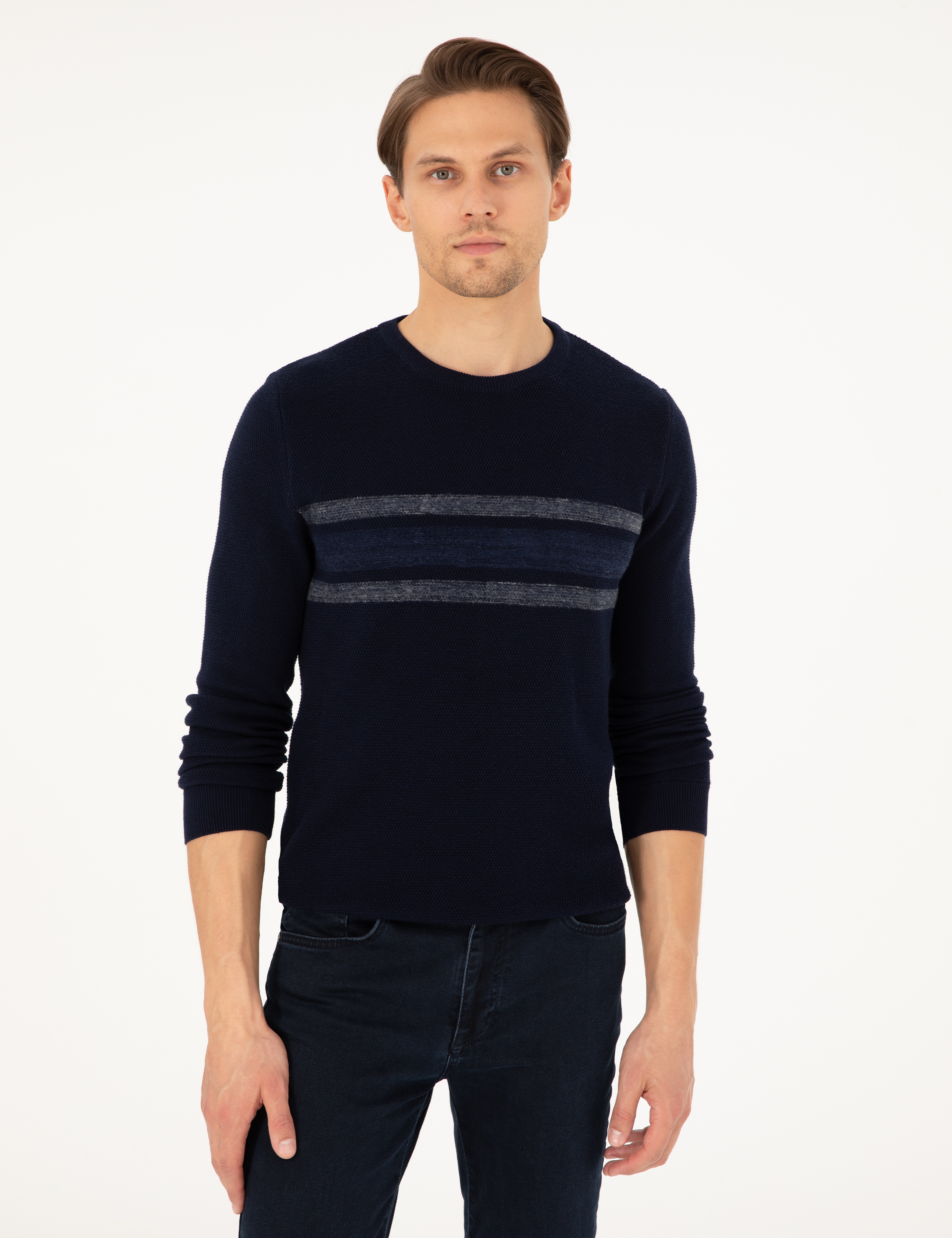 Lacivert Slim Fit Bisiklet Yaka Triko Kazak - Image 3
