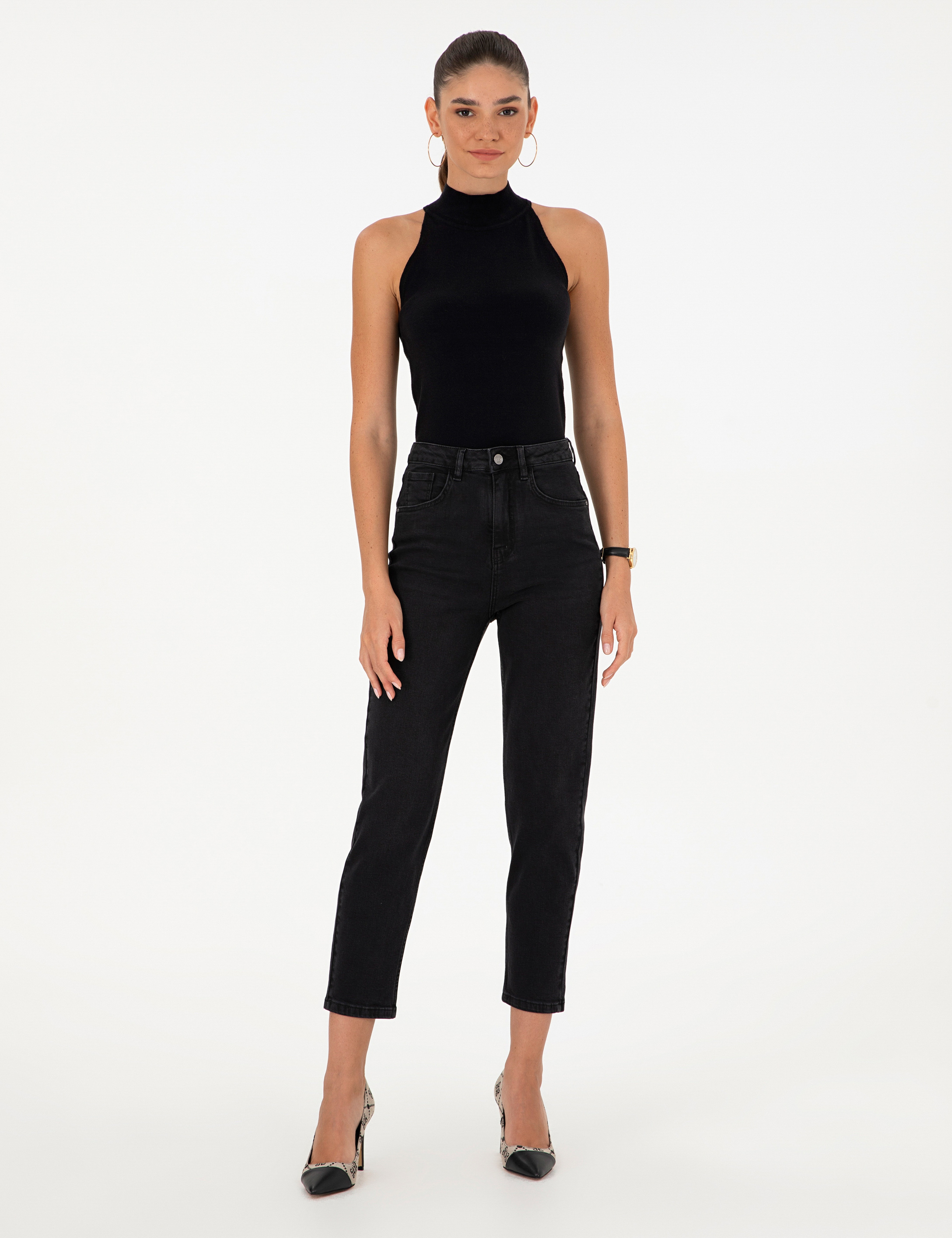 Siyah Mom Fit Geniş Kalıp Jean Pantolon