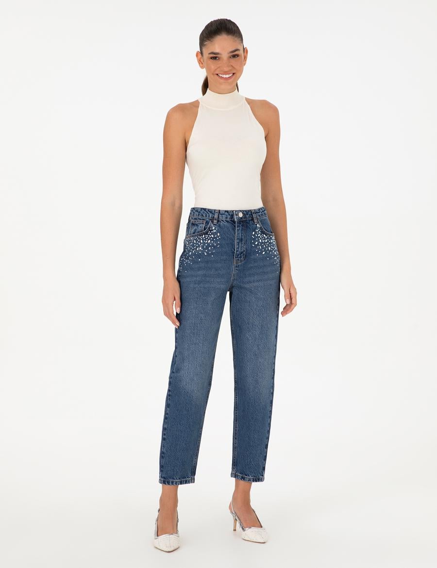 İndigo Mom High Waist Fit Jean Pantolon