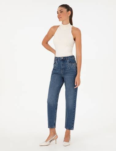 İndigo Mom High Waist Fit Jean Pantolon
