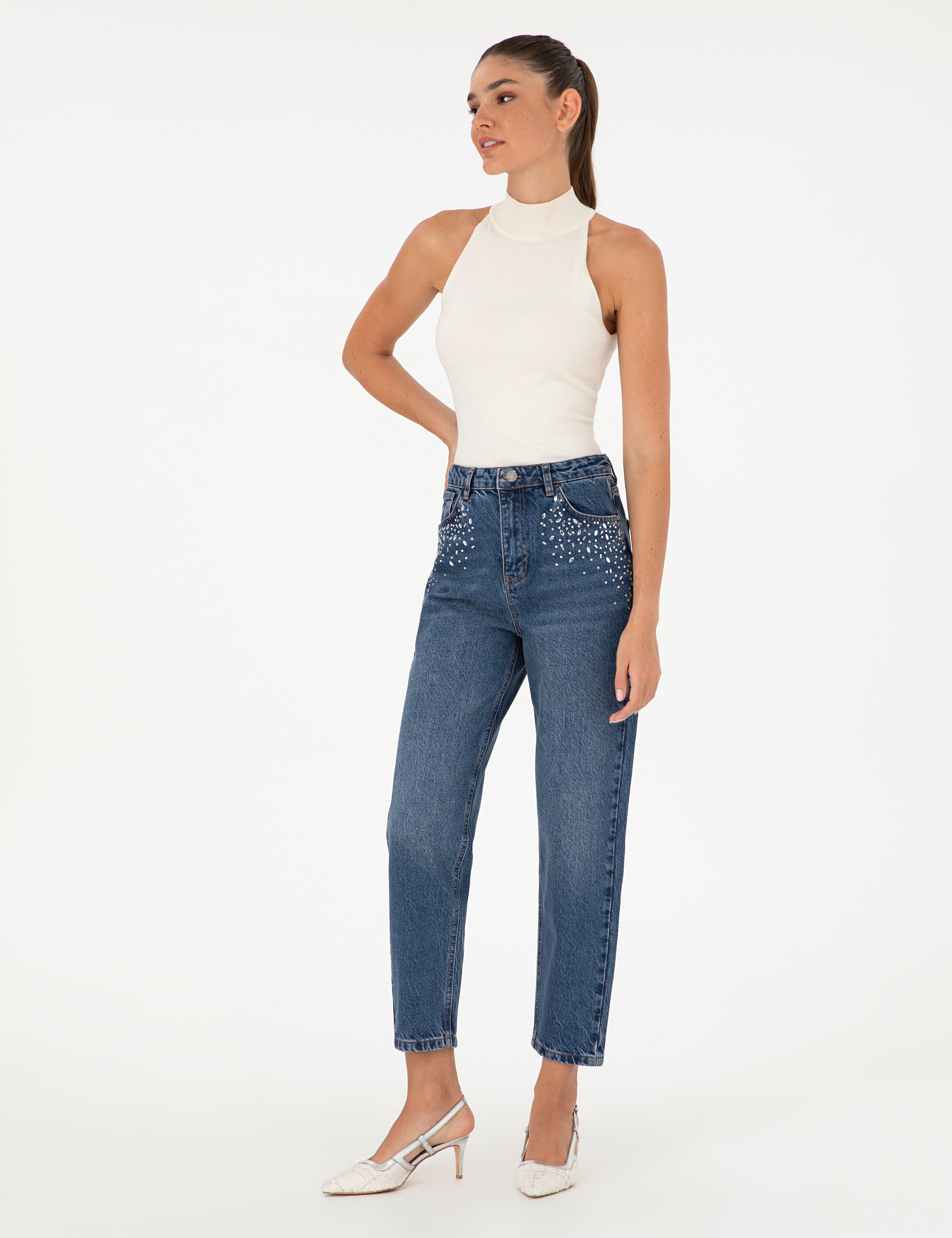 İndigo Mom High Waist Fit Jean Pantolon - Image 3