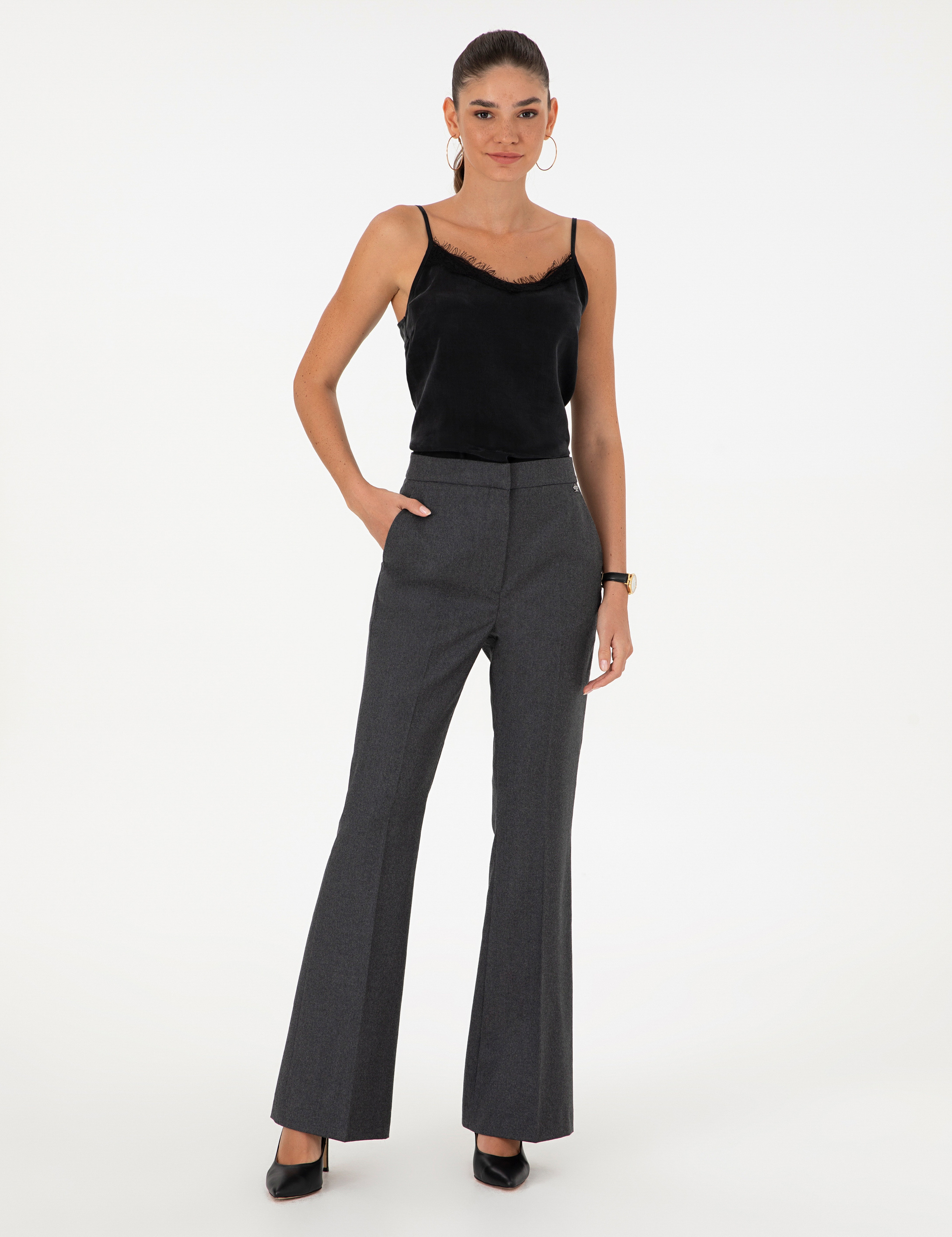Antrasit Flare Fit Yün Kumaş Pantolon