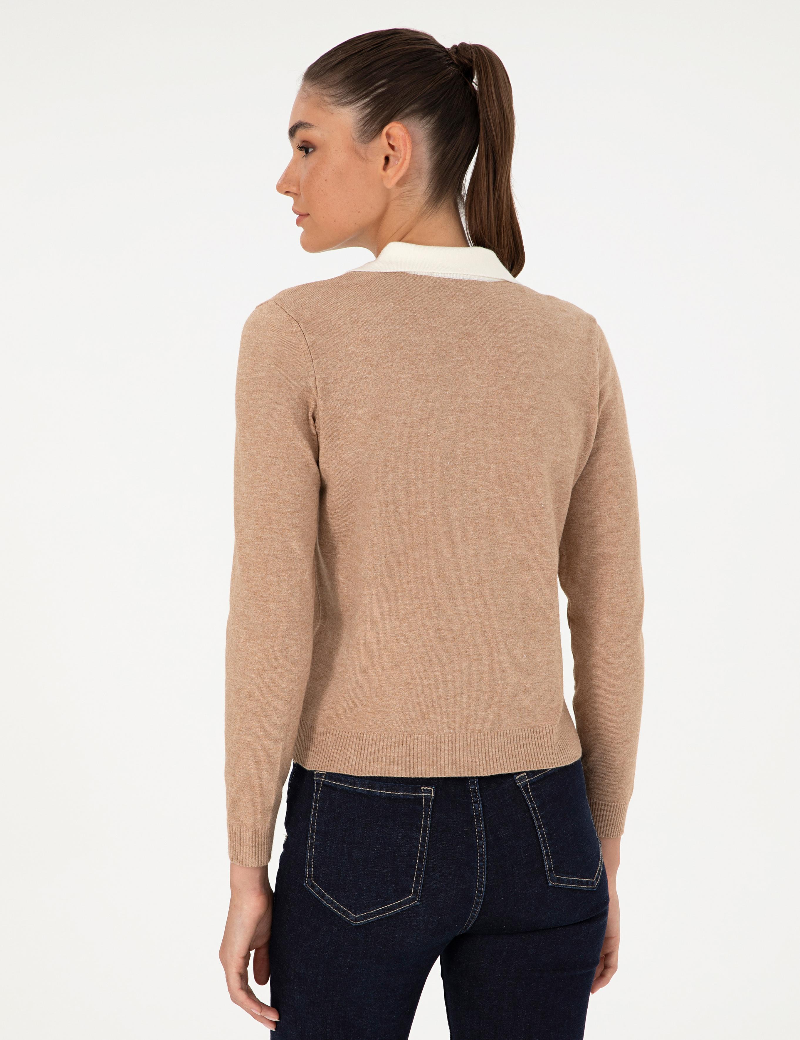 Bej Slim Fit Polo Yaka Kazak