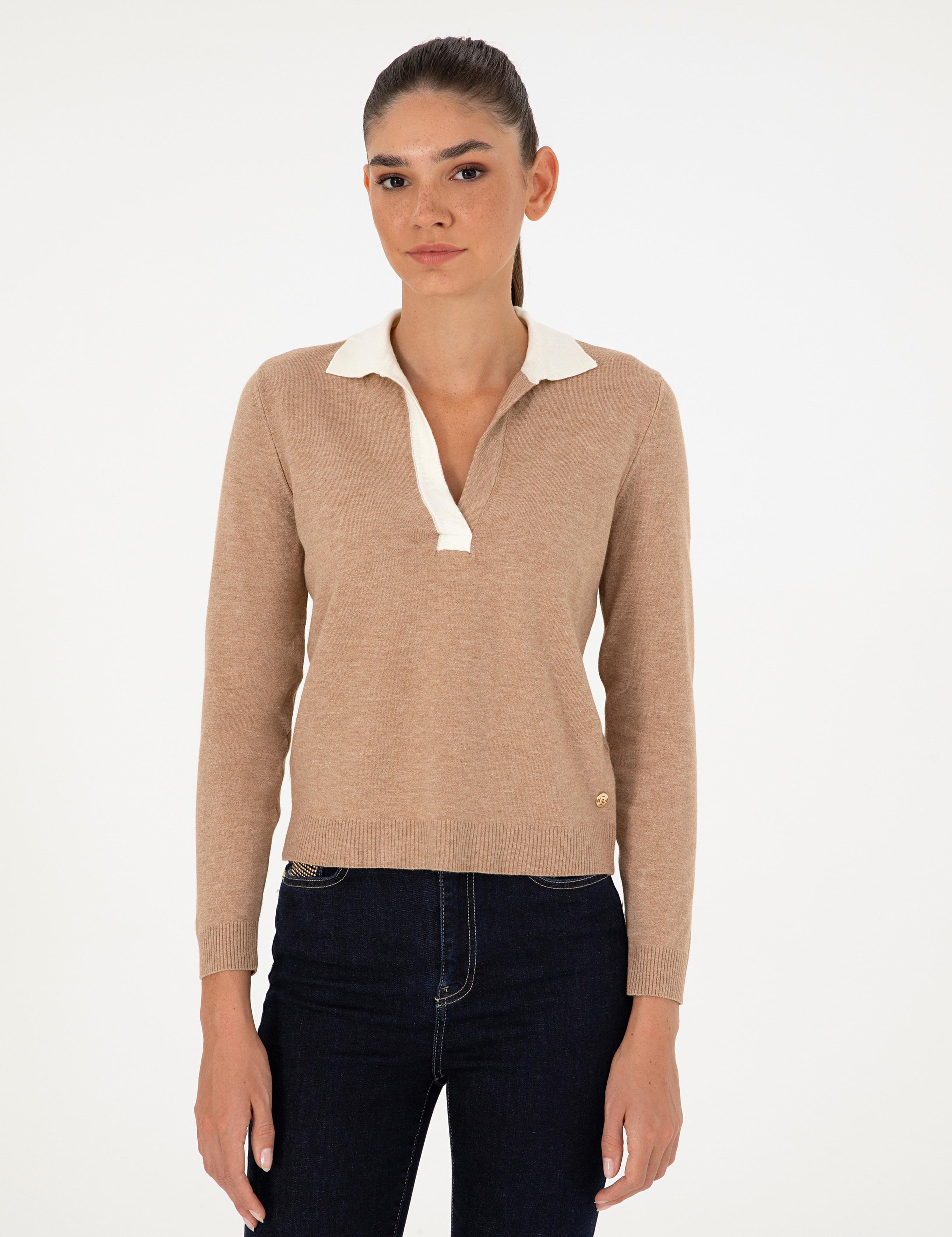 Bej Slim Fit Polo Yaka Kazak