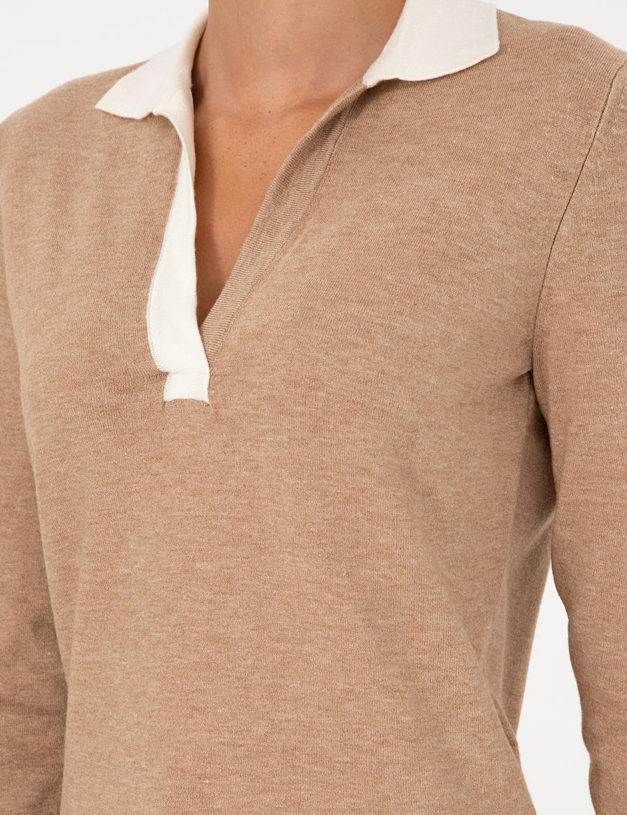 Bej Slim Fit Polo Yaka Kazak