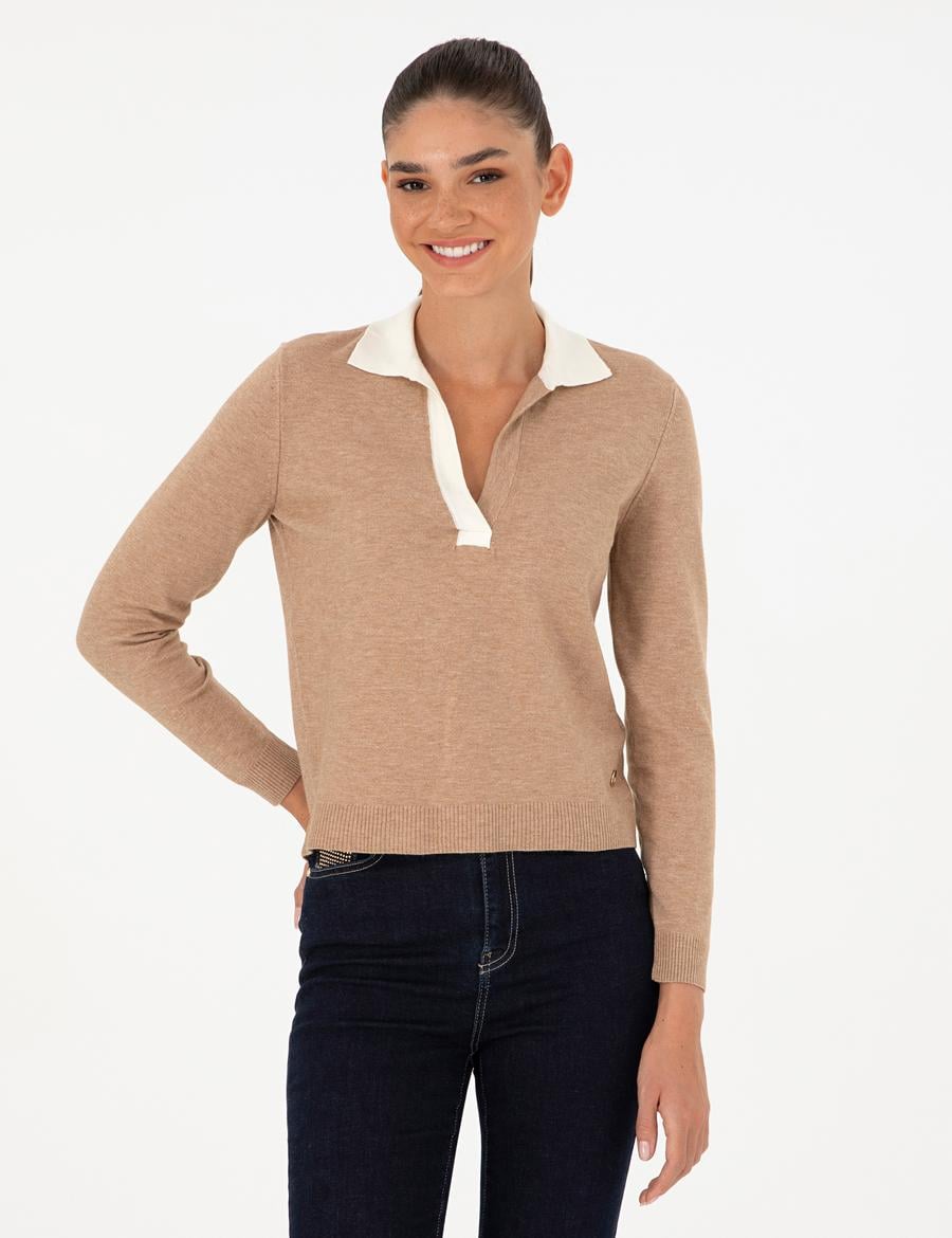 Bej Slim Fit Polo Yaka Kazak