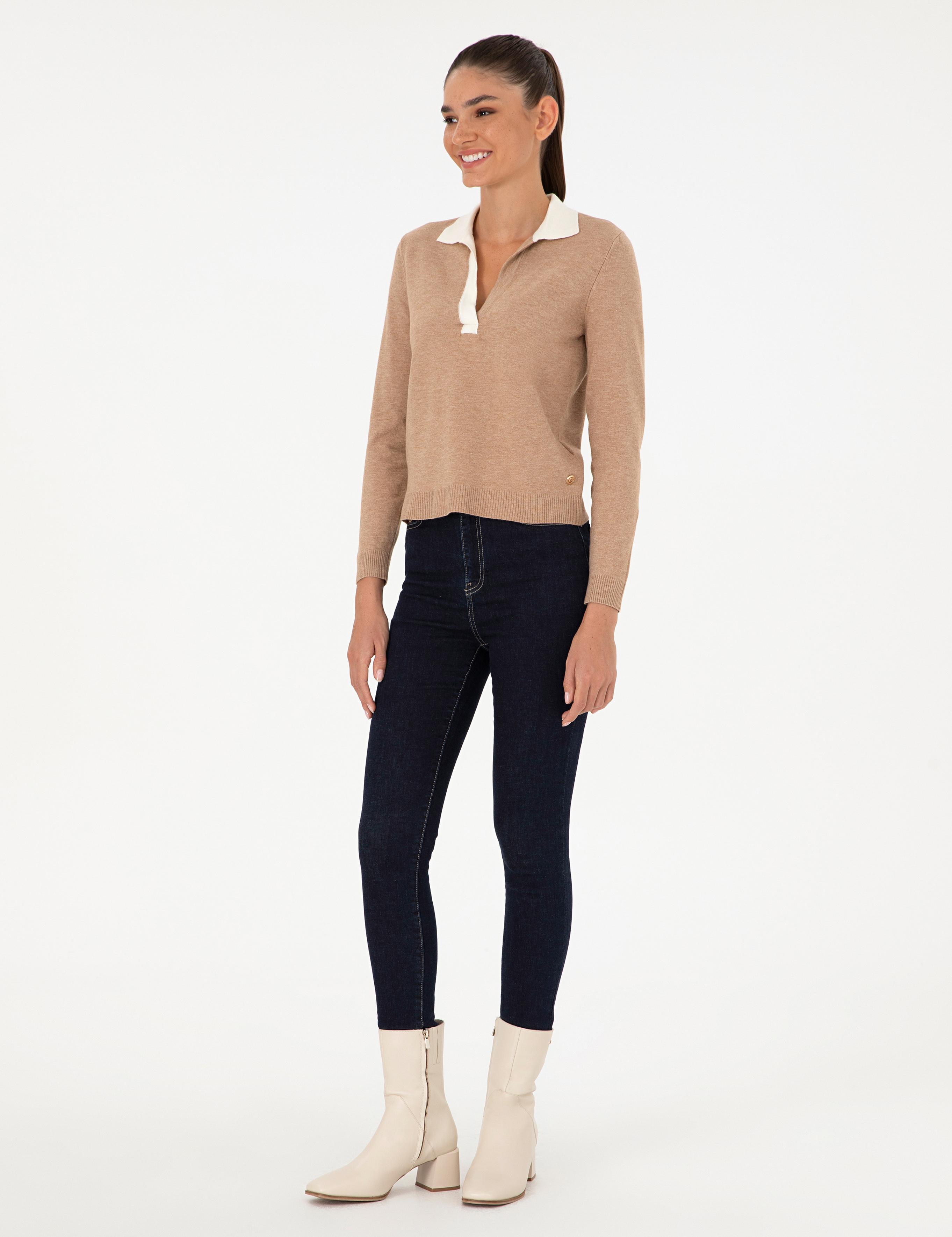 Bej Slim Fit Polo Yaka Kazak