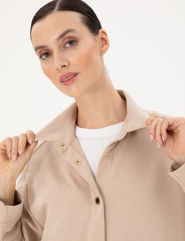Bej Comfort Fit Modal Kumaş Örme Hırka