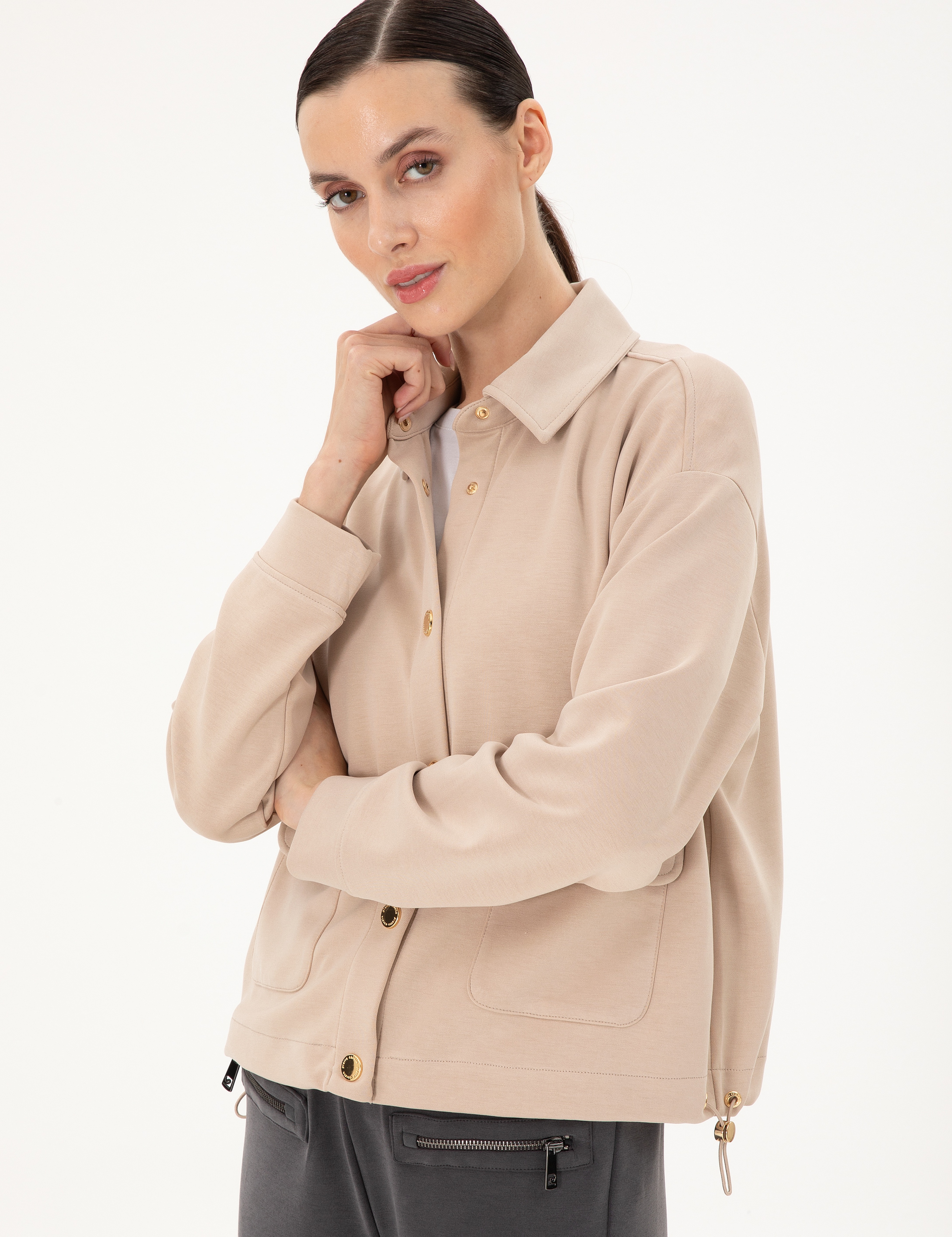 Bej Comfort Fit Modal Kumaş Örme Hırka - Image 3