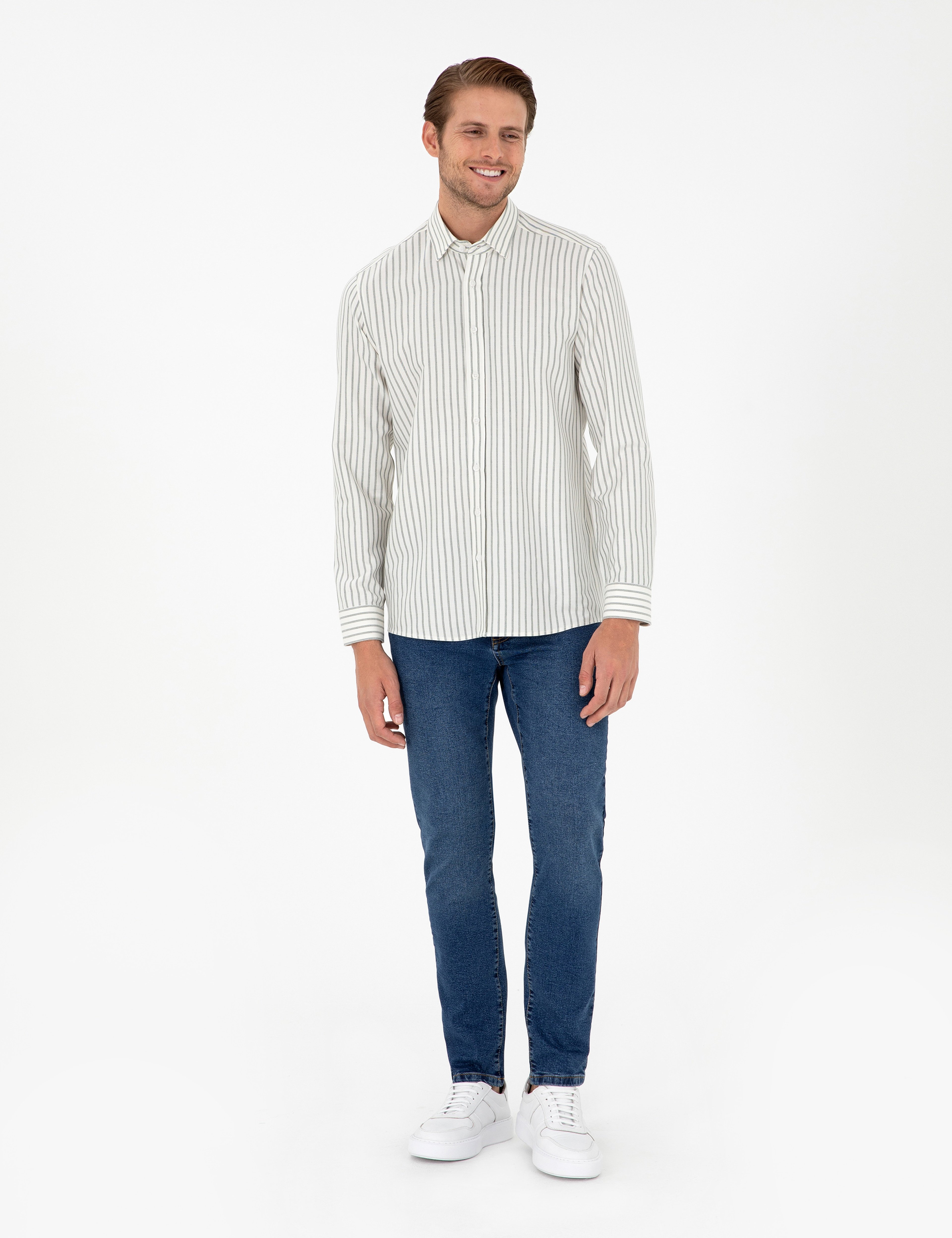 Haki Çizgili Slim Fit Uzun Kollu Gömlek - Image 4