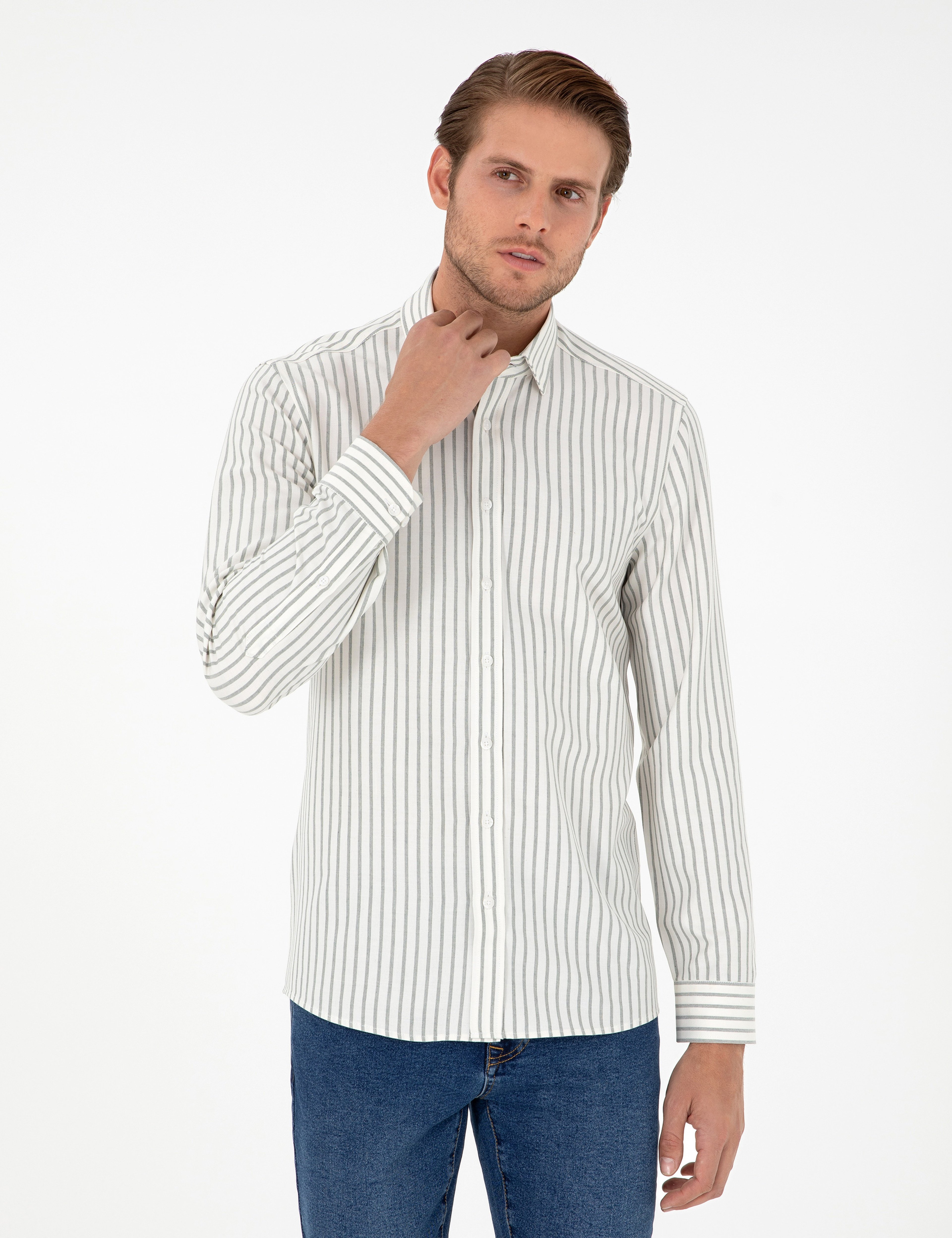 Haki Çizgili Slim Fit Uzun Kollu Gömlek - Image 1
