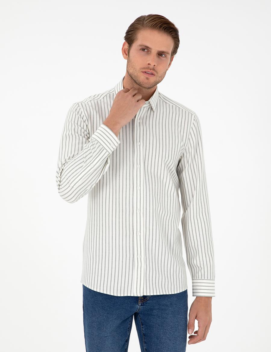 Haki Çizgili Slim Fit Uzun Kollu Gömlek
