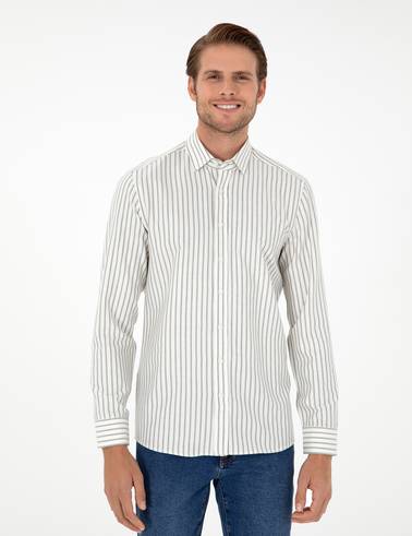 Haki Çizgili Slim Fit Uzun Kollu Gömlek