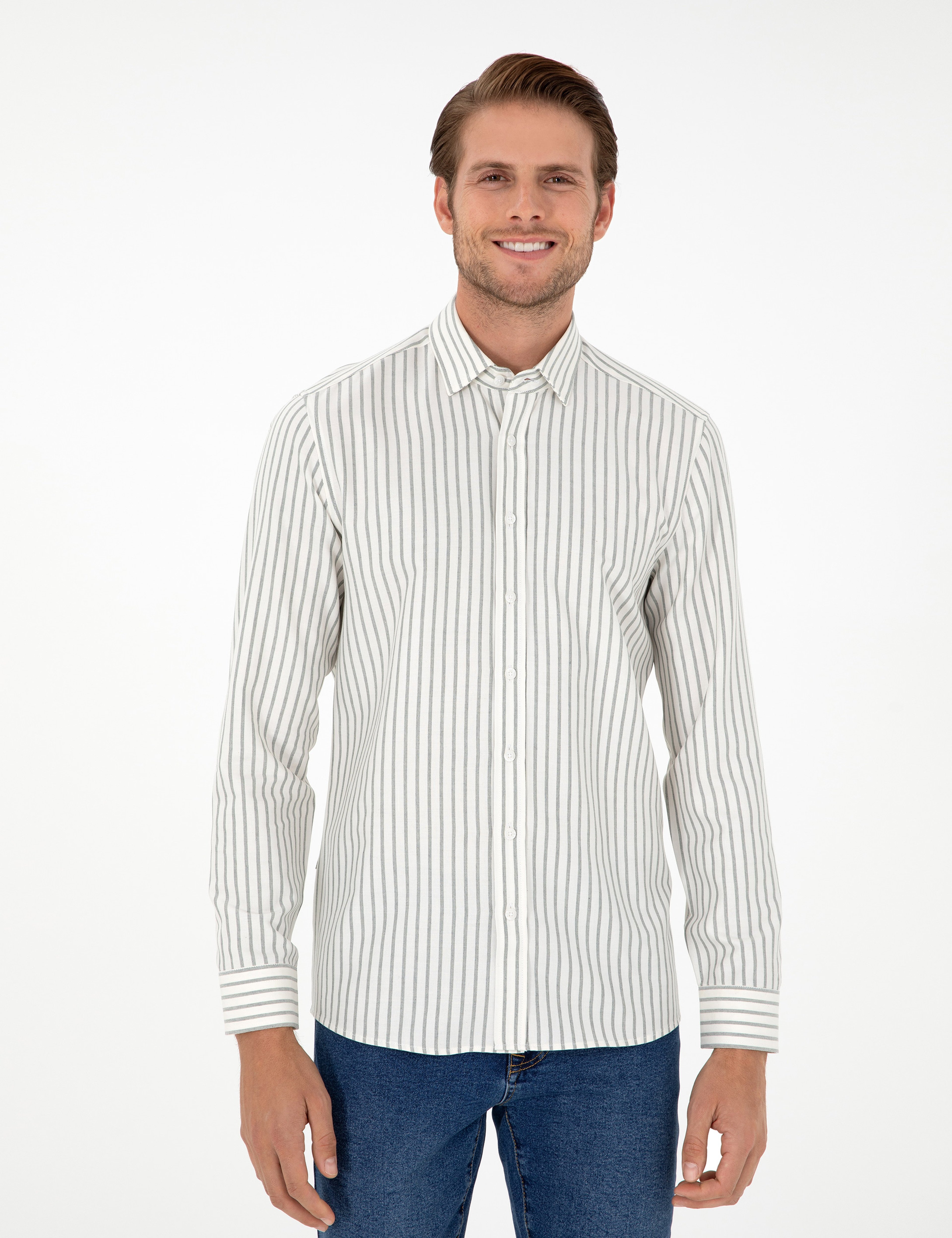 Haki Çizgili Slim Fit Uzun Kollu Gömlek - Image 3