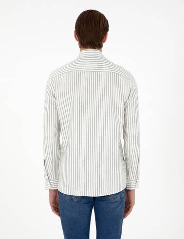 Haki Çizgili Slim Fit Uzun Kollu Gömlek