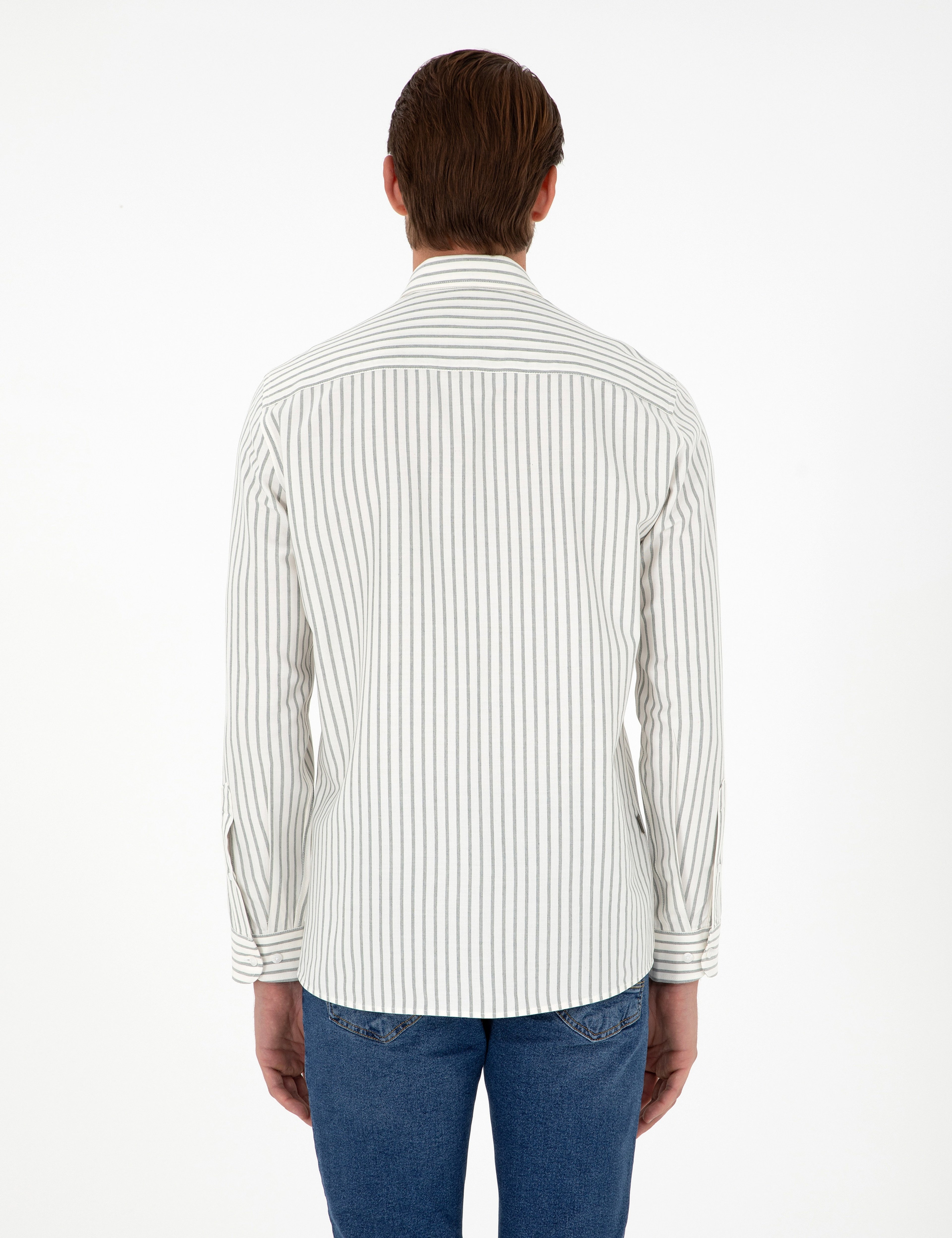 Haki Çizgili Slim Fit Uzun Kollu Gömlek - Image 5