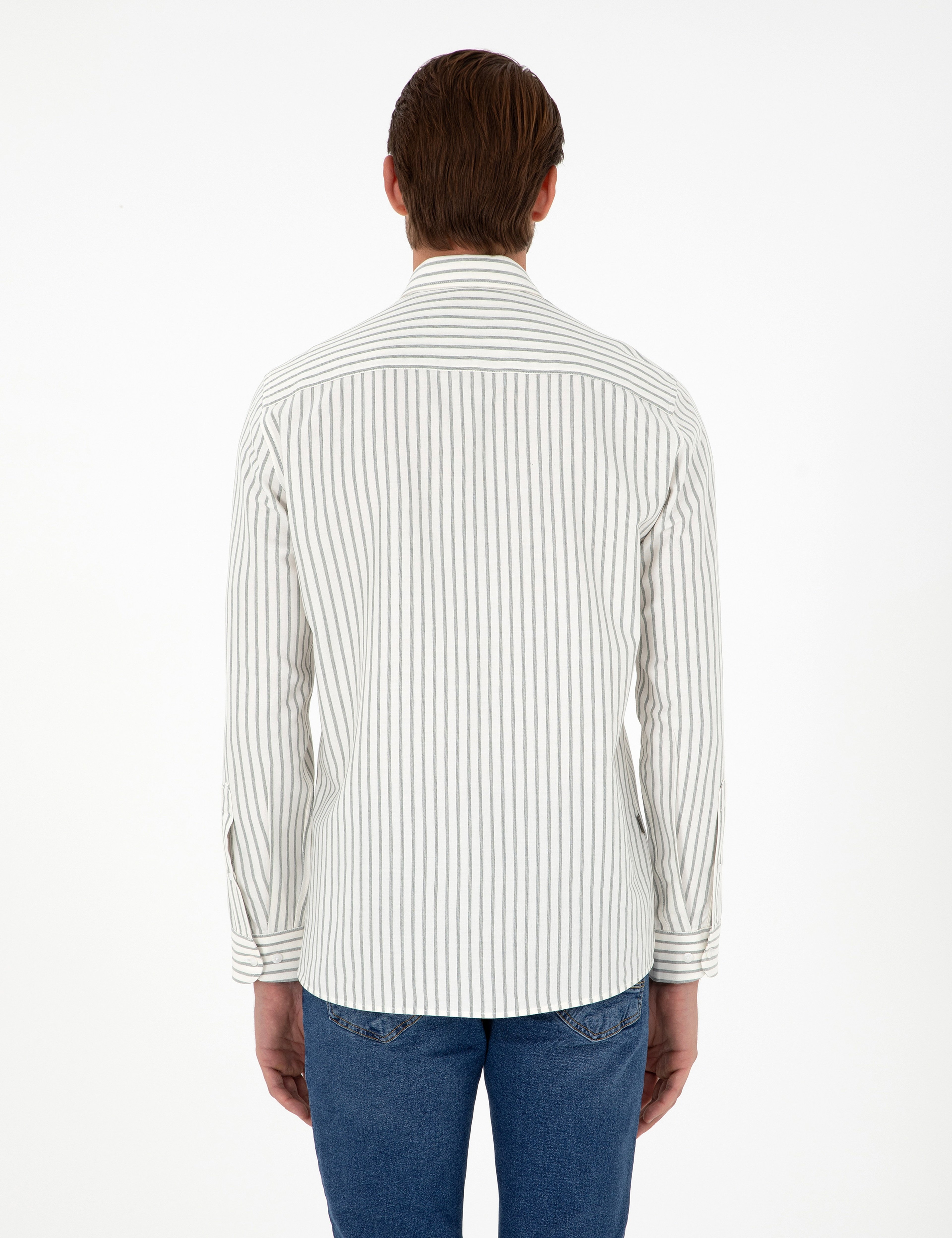 Haki Çizgili Slim Fit Uzun Kollu Gömlek