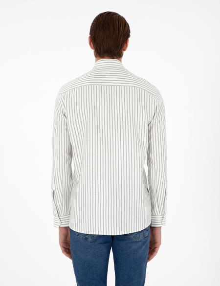 Haki Çizgili Slim Fit Uzun Kollu Gömlek - 50292261025