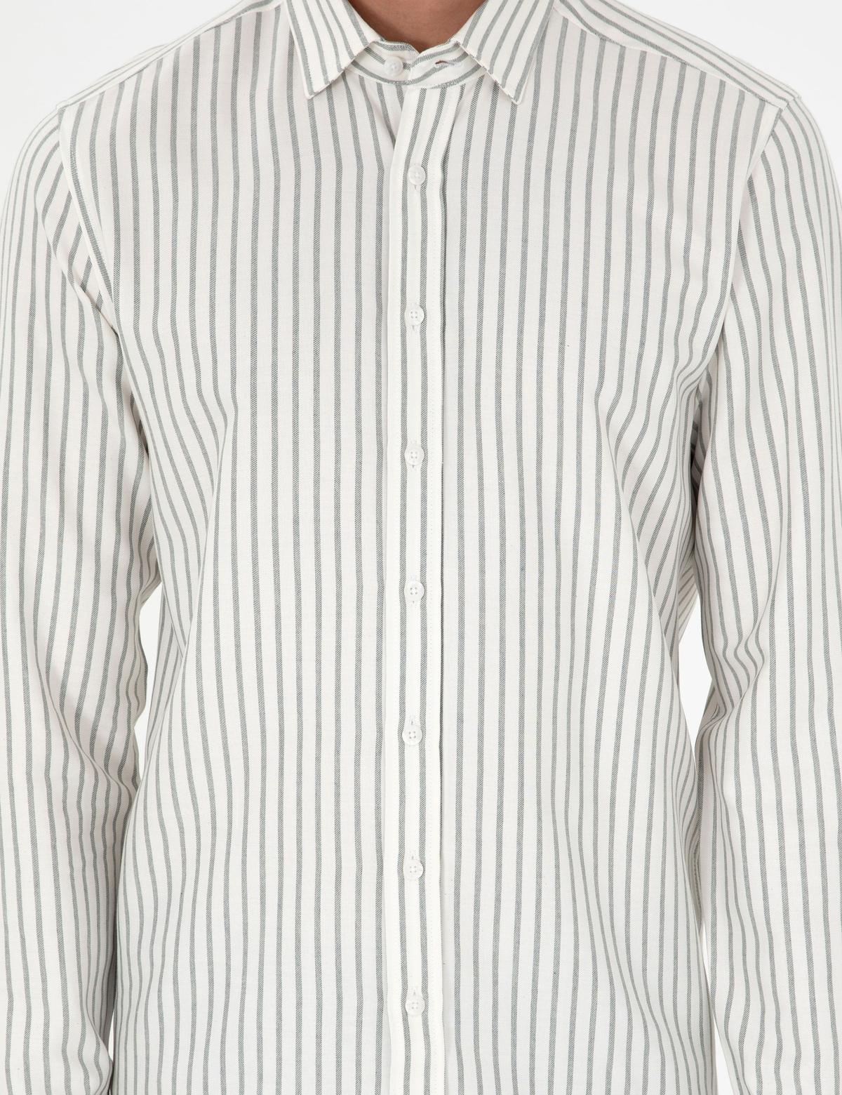 Haki Çizgili Slim Fit Uzun Kollu Gömlek - 50292261025