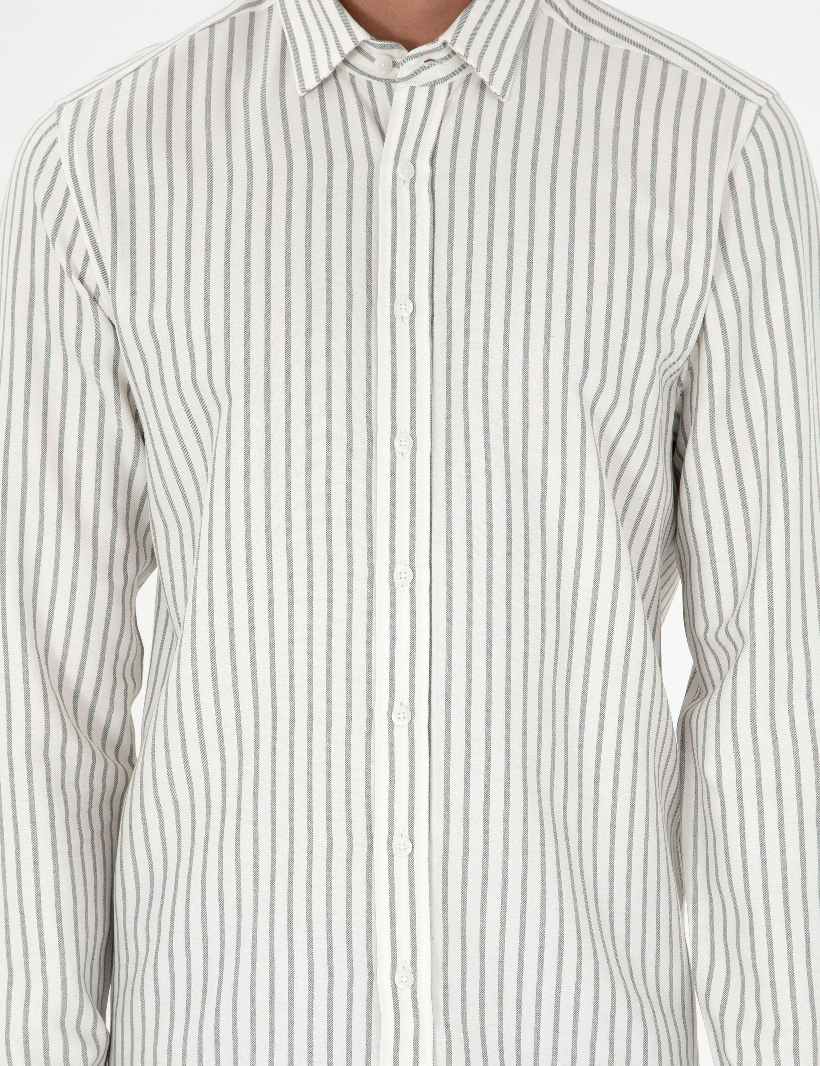 Haki Çizgili Slim Fit Uzun Kollu Gömlek