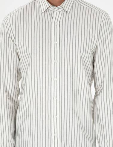 Haki Çizgili Slim Fit Uzun Kollu Gömlek