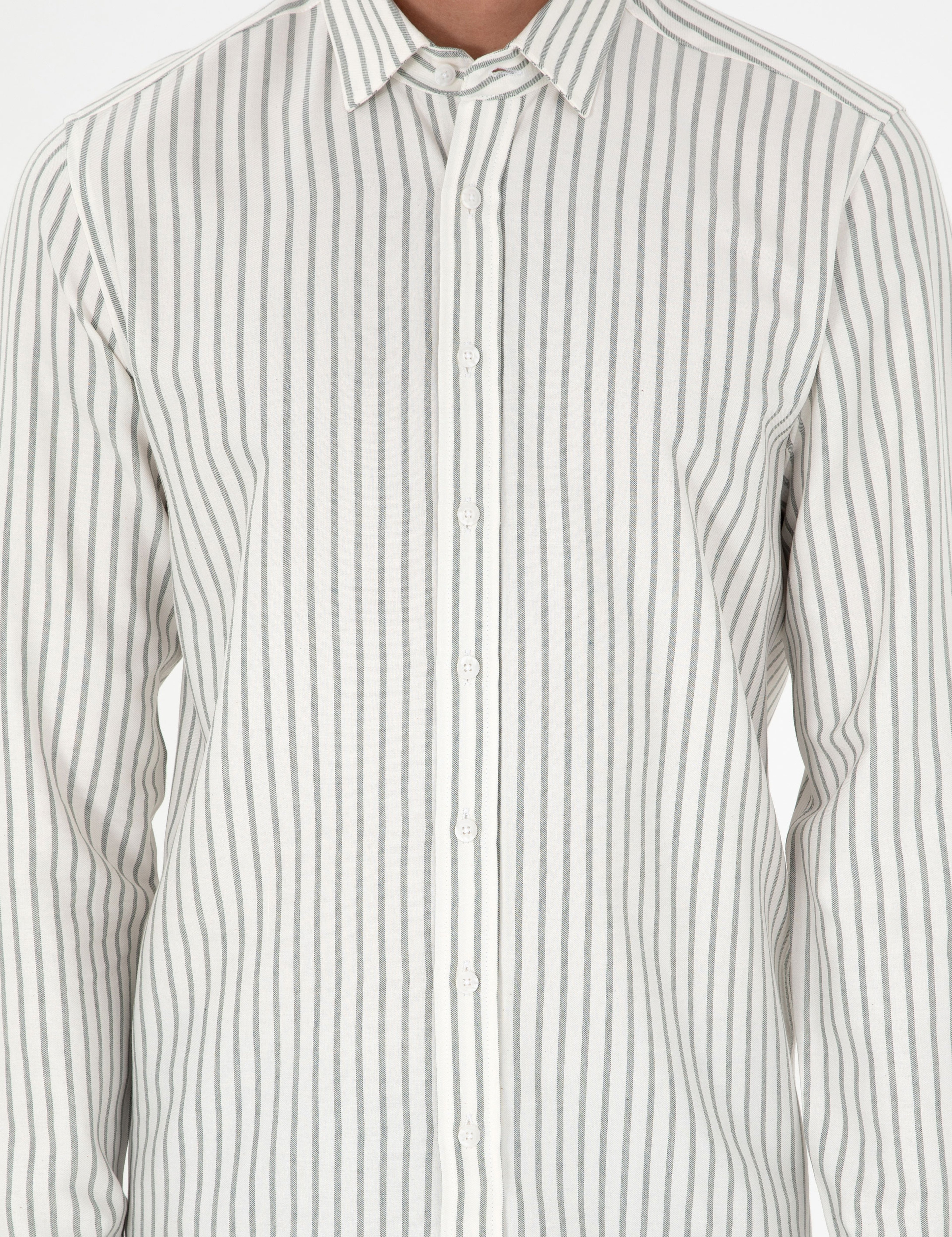 Haki Çizgili Slim Fit Uzun Kollu Gömlek - Image 6