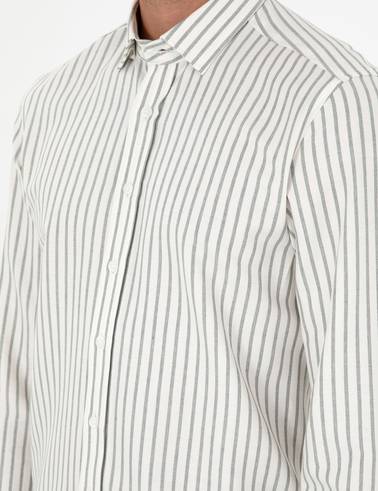 Haki Çizgili Slim Fit Uzun Kollu Gömlek