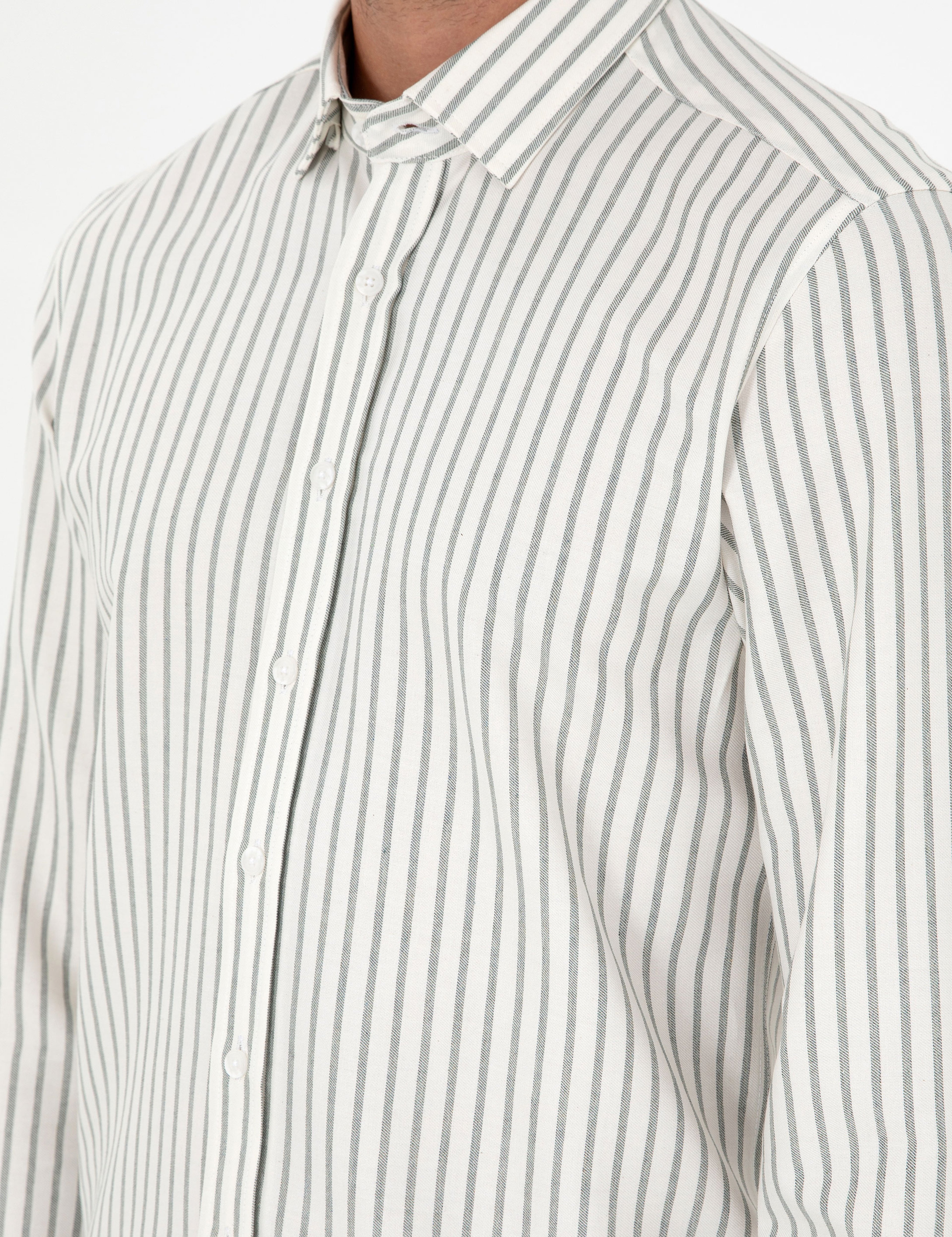 Haki Çizgili Slim Fit Uzun Kollu Gömlek - Image 7