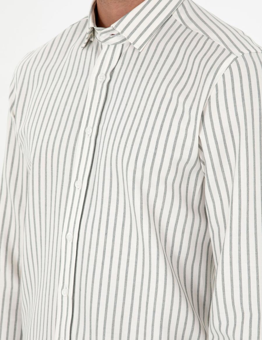 Haki Çizgili Slim Fit Uzun Kollu Gömlek