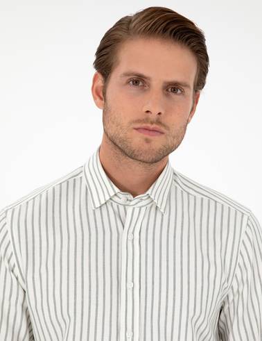 Haki Çizgili Slim Fit Uzun Kollu Gömlek