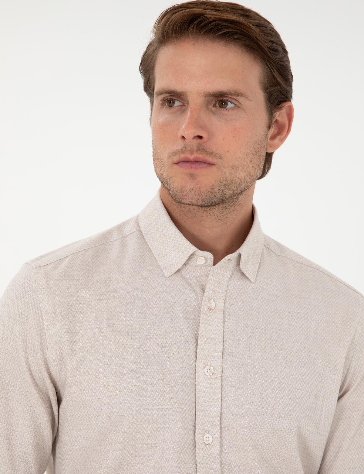 Bej Slim Fit Uzun Kollu Gömlek - 50292457006