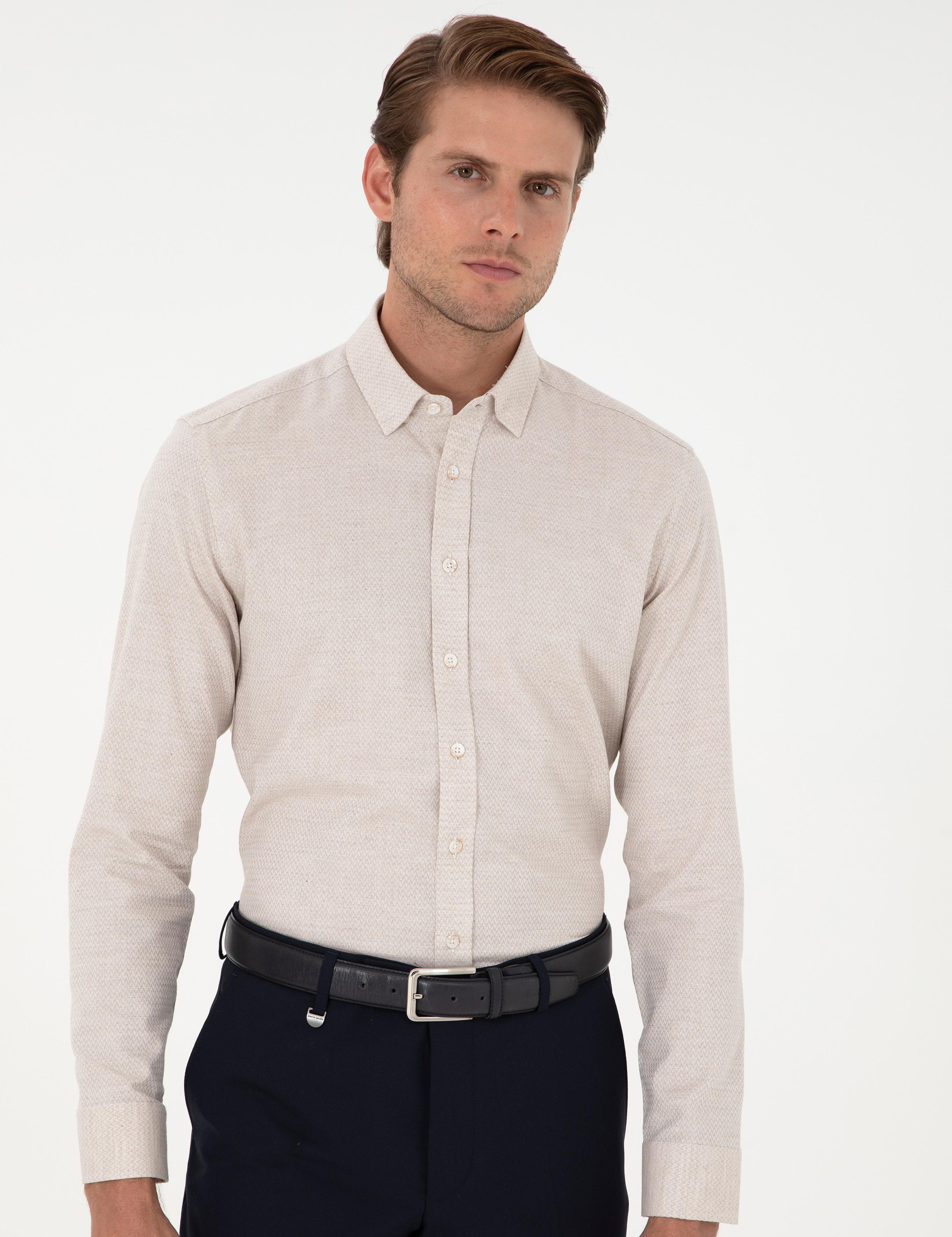 Bej Slim Fit Uzun Kollu Gömlek