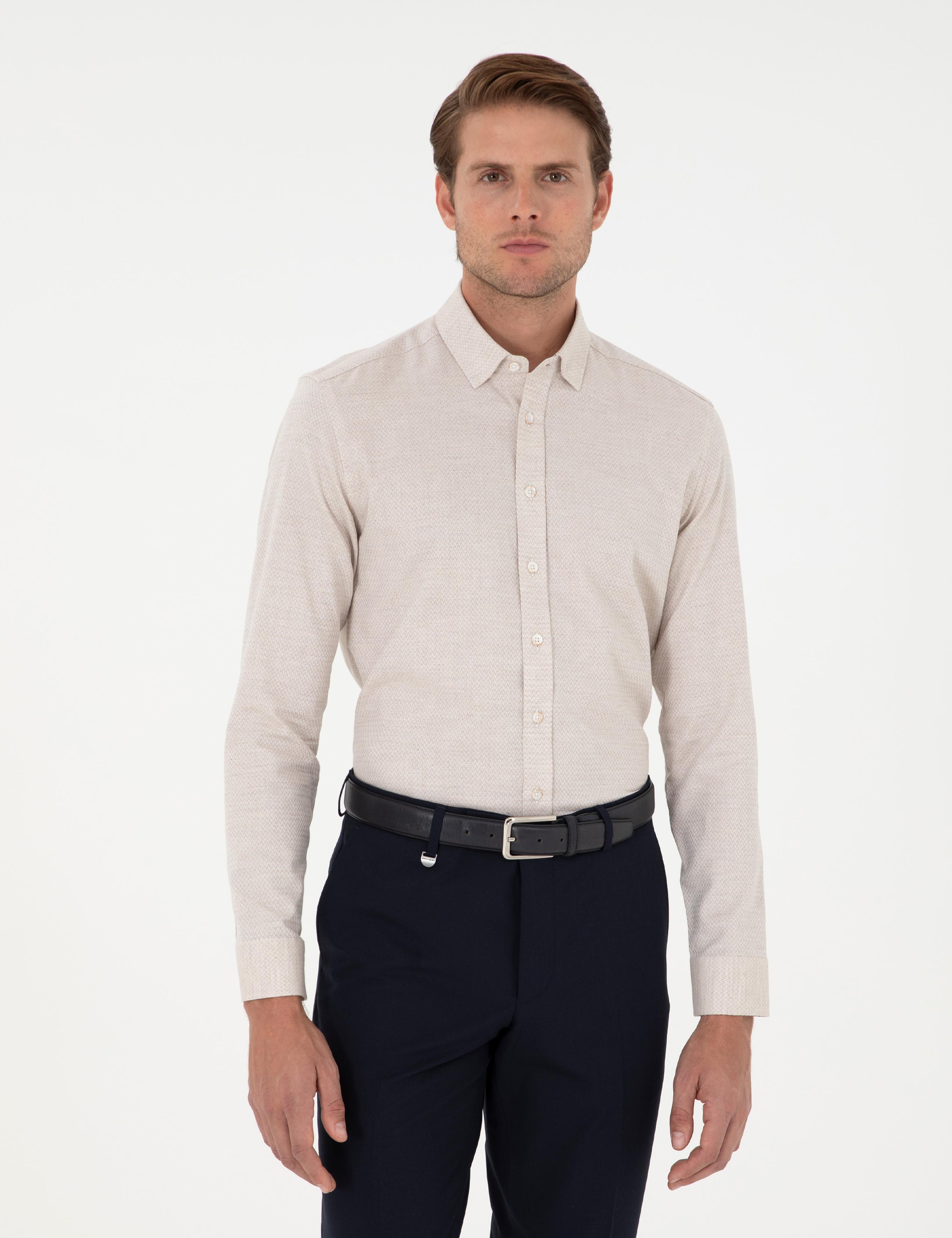 Bej Slim Fit Uzun Kollu Gömlek