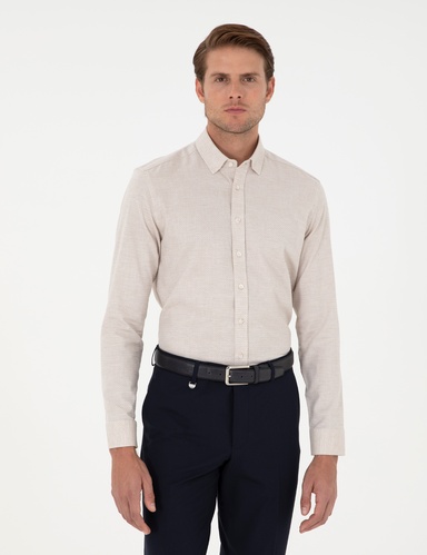 Bej Slim Fit Uzun Kollu Gömlek